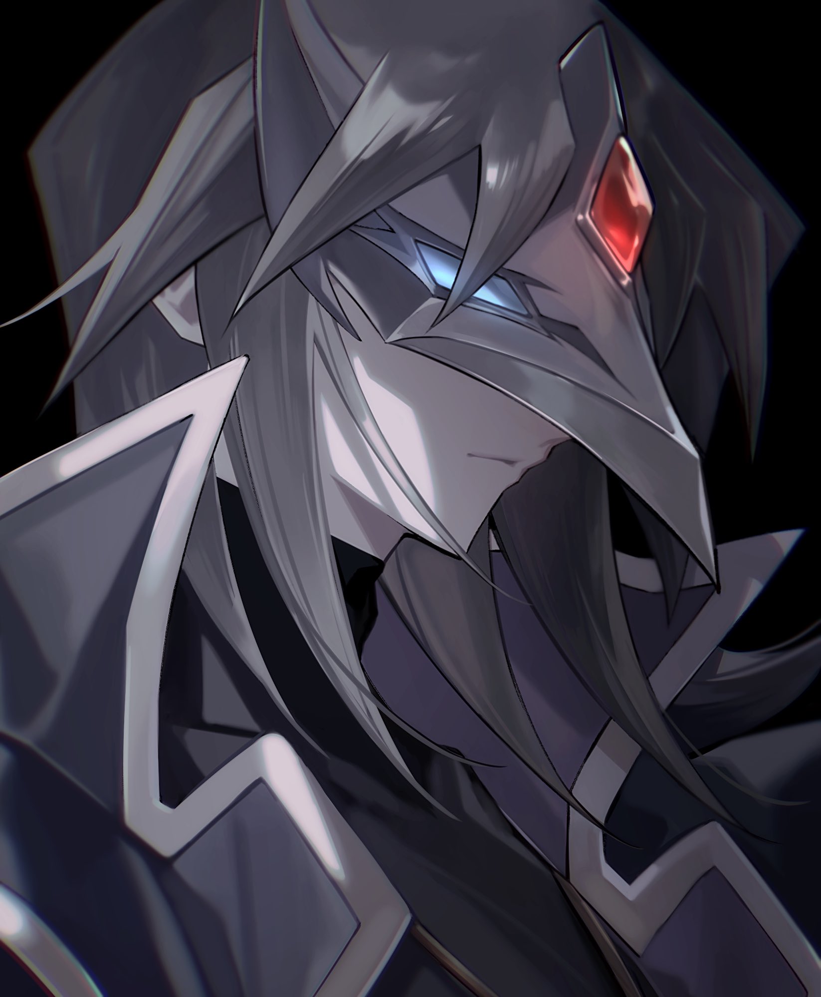 rrr az00, tenjouin fubuki, yu-gi-oh!, yu-gi-oh! gx, highres, 1boy, black background, black jacket, black shirt, closed mouth, dark persona, from side, jacket, male focus, mask, medium hair, open clothes, open jacket, shirt, solo, upper body