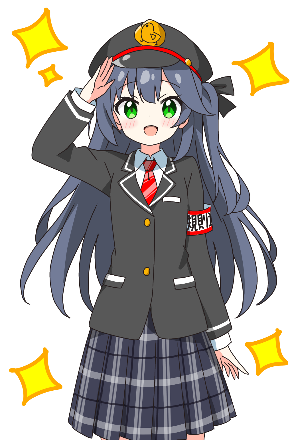 kotatsu-mazoku, original, commentary request, highres, 1girl, :d, arm up, armband, black hat, blazer, blue hair, blue skirt, blush, buttons, collared shirt, cowboy shot, dot nose, green eyes, hat, jacket, long hair, long sleeves, looking at viewer, necktie, one side up, open mouth, plaid clothes, plaid skirt, pleated skirt, red necktie, school uniform, shirt, simple background, skirt, smile, solo, sparkle, white background, white shirt