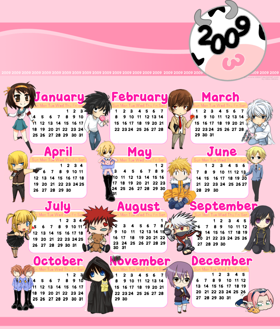 amane misa, gaara (naruto), haruno sakura, hatake kakashi, l (death note), lelouch vi britannia, mello (death note), nagato yuki, near (death note), suzumiya haruhi, uzumaki naruto, yagami light, death note, kyoto animation, naruto (classic), naruto (series), ouran high school host club, suzumiya haruhi no yuuutsu, artist request, character request, copyright request, tagme, 00s, 2009, calendar, multiple boys, multiple girls
