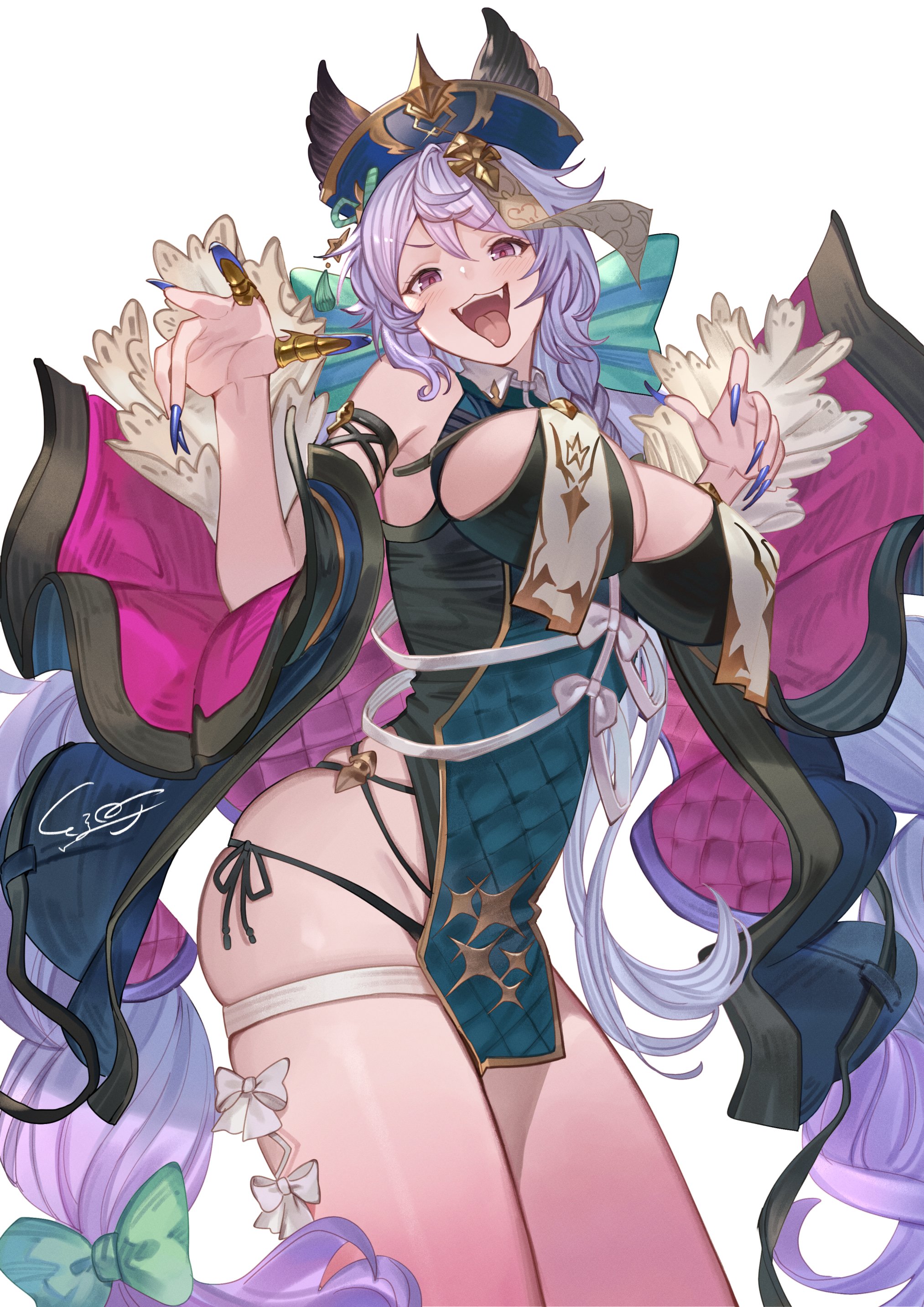 ayacho, granblue fantasy, absurdres, highres, 1girl, braid, breasts, cleavage cutout, clothing cutout, detached sleeves, fangs, fingernails, groping motion, hat, jiangshi, large breasts, long hair, open mouth, pink hair, purple hair, ribbon, sharp fingernails, signature, sleeves past wrists, smile, tongue, tongue out, white background