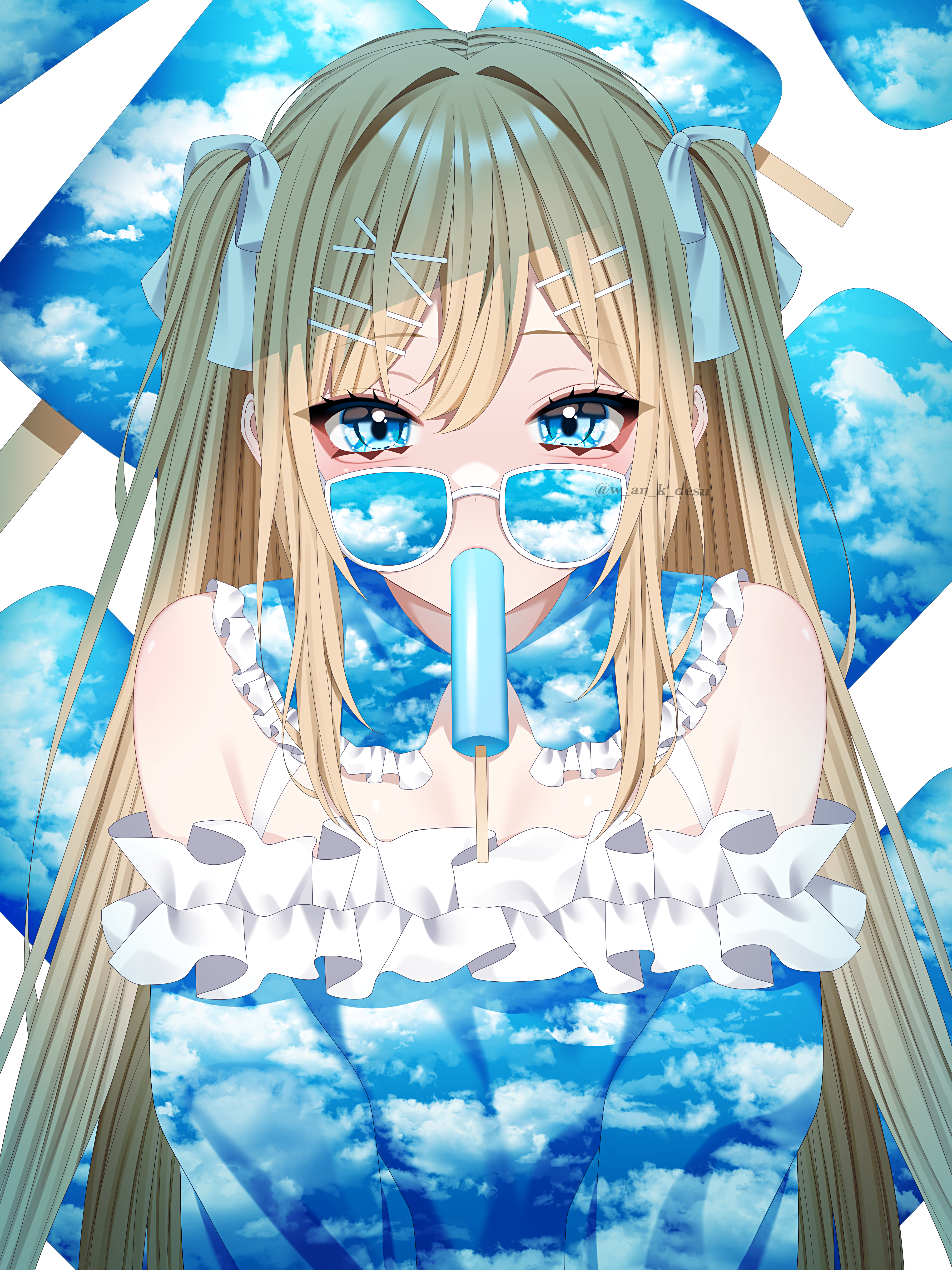 wanko (yurika0320), original, absurdres, commentary, highres, symbol-only commentary, 1girl, artist name, bare shoulders, blonde hair, blue eyes, bow, dress, eyelashes, food, food in mouth, frilled dress, frilled sailor collar, frills, hair between eyes, hair bow, hair intakes, hair ornament, hairclip, long hair, looking at viewer, popsicle, popsicle in mouth, print dress, print sailor collar, sailor collar, sidelocks, sky print, solo, sunglasses, twintails, upper body, white bow, x hair ornament
