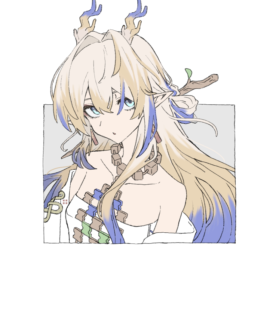 rnochi0812, shu (arknights), arknights, commentary, 1girl, bare shoulders, blonde hair, blue eyes, border, cropped torso, dragon girl, dragon horns, earrings, grey hair, hair between eyes, hair intakes, horns, jewelry, long hair, looking at viewer, multicolored hair, necklace, off shoulder, outside border, parted lips, pointy ears, purple hair, solo, strapless, tube top, white border, white tube top