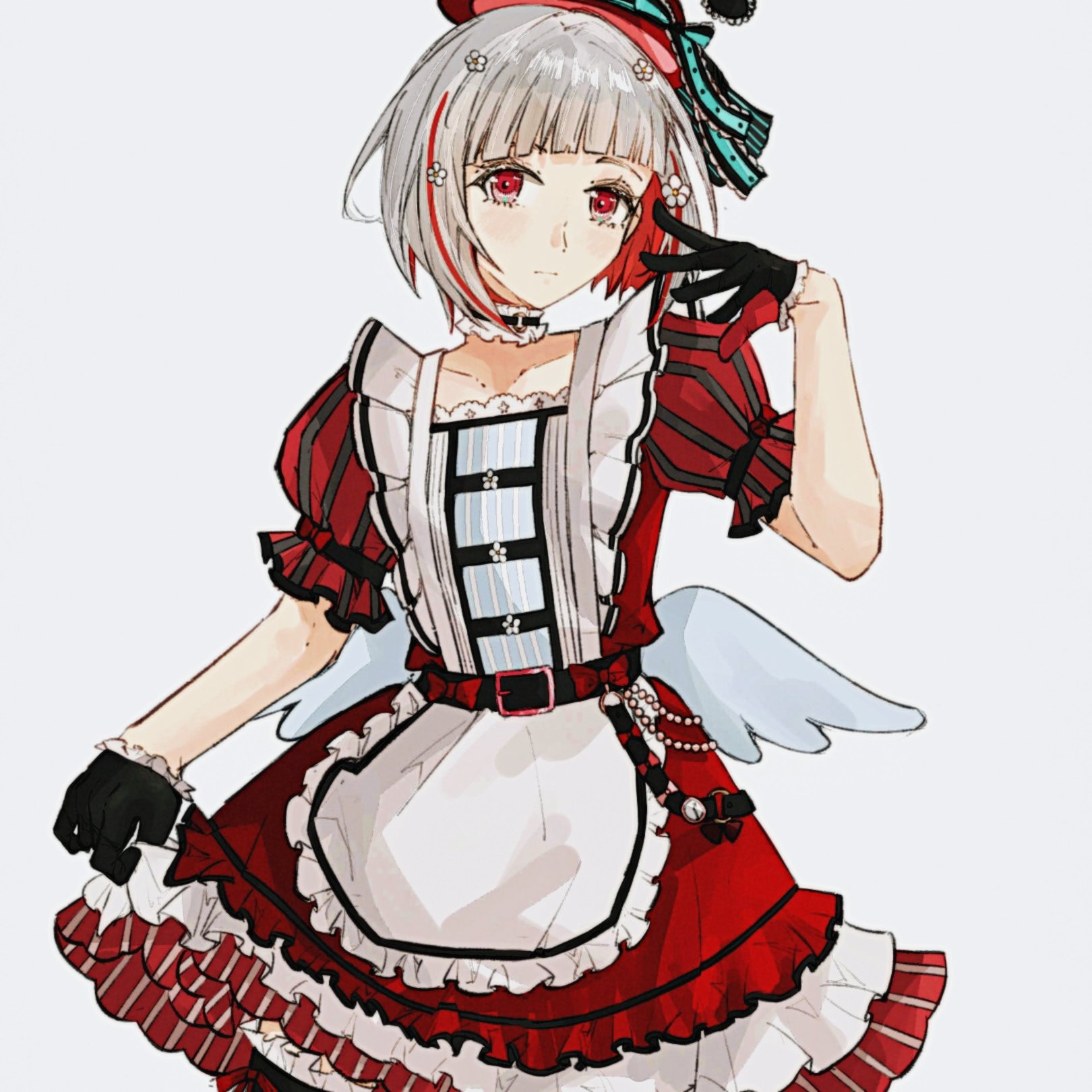 aoi (byb babylon), yugiri tsuzuri, link! like! love live!, love live!, commentary, hashtag-only commentary, highres, 1girl, alternate costume, aqua ribbon, black gloves, collarbone, colored inner hair, diagonal bangs, dress, flower, frilled dress, frilled gloves, frills, gloves, grey hair, hair flower, hair ornament, half gloves, hat, hat ribbon, looking at viewer, multicolored hair, puffy short sleeves, puffy sleeves, red dress, red eyes, red hat, ribbon, short sleeves, simple background, skirt hold, solo, streaked hair, striped ribbon, virtual youtuber, white background, white flower