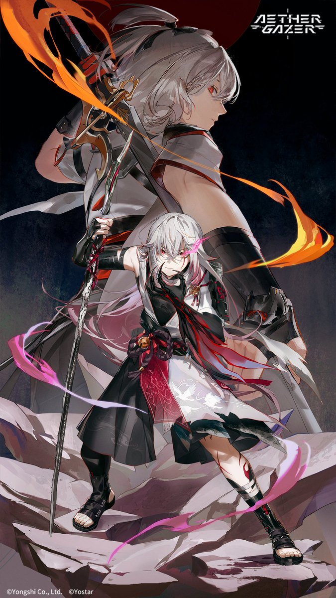 srro yo, aether gazer, character request, highres, second-party source, 2boys, animal print, bell, bird print, black boots, black bridal gauntlets, boots, bridal gauntlets, colored tips, copyright logo, copyright notice, crossed bangs, flaming eye, grey hair, hair between eyes, holding, holding sword, holding weapon, logo, multicolored hair, multiple boys, obi, obijime, open-toe boots, pink hair, purple eyes, red eyes, sash, single bridal gauntlet, sword, weapon