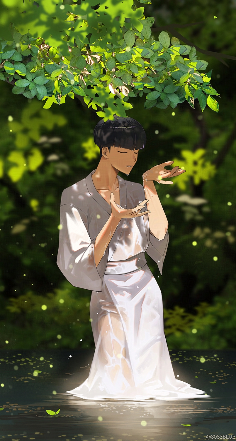 8083 blue, hoshina soshiro, kaijuu no. 8, commentary, highres, 1boy, black hair, blunt bangs, blurry, blurry background, branch, closed eyes, collarbone, japanese clothes, kimono, long sleeves, male focus, outdoors, pond, ripples, short hair, sideburns, solo, wading, wet, wet clothes, wet kimono, white kimono