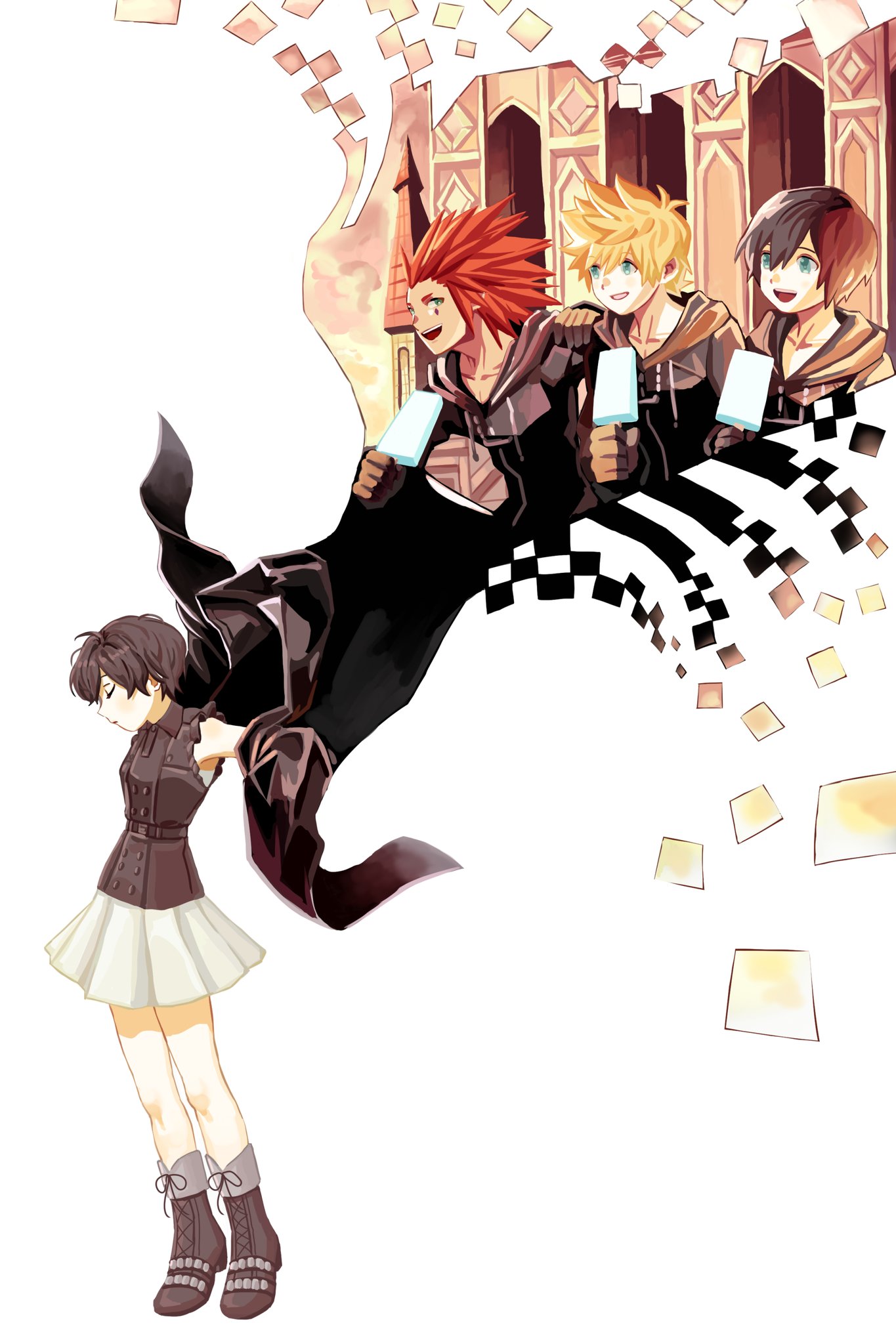 yomyompi, axel (kingdom hearts), roxas, xion (kingdom hearts), kingdom hearts, kingdom hearts 358/2 days, highres, 1girl, 2boys, :d, black boots, black coat, black coat (kingdom hearts), black hair, black shirt, blonde hair, boots, closed eyes, coat, facial mark, food, green eyes, holding, holding food, holding popsicle, multiple boys, open mouth, pleated skirt, popsicle, red hair, shirt, short hair, skirt, sleeveless, sleeveless shirt, smile, spiked hair, white skirt