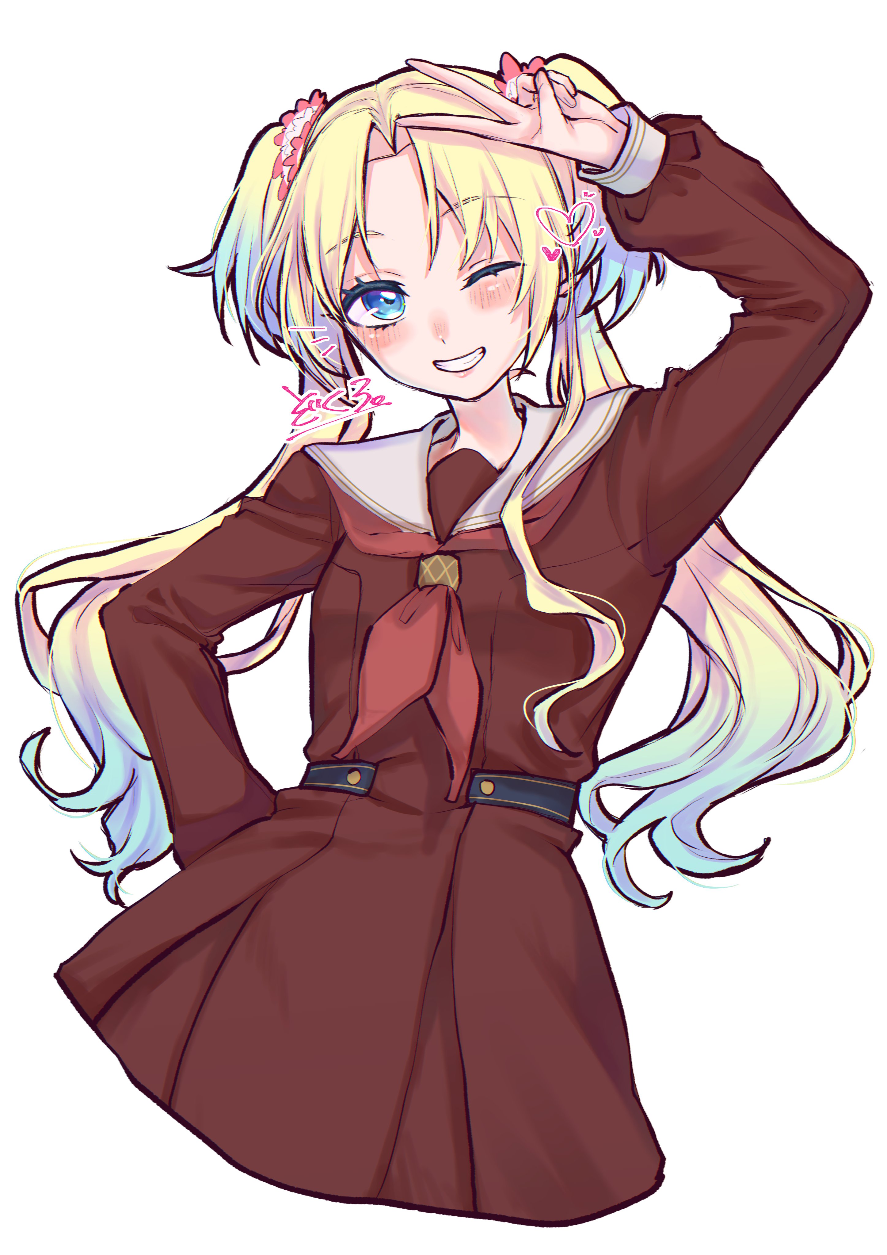 zokuro 1018, osawa rurino, link! like! love live!, love live!, absurdres, commentary request, highres, 1girl, blonde hair, blue eyes, blue hair, brown dress, curtained hair, dress, flower, grin, hair flower, hair ornament, hasu no sora school uniform, heart, long sleeves, looking at viewer, neckerchief, notice lines, pink flower, pleated dress, red neckerchief, sailor collar, sailor dress, school uniform, signature, simple background, smile, solo, v, v over head, virtual youtuber, white background, white sailor collar, winter uniform
