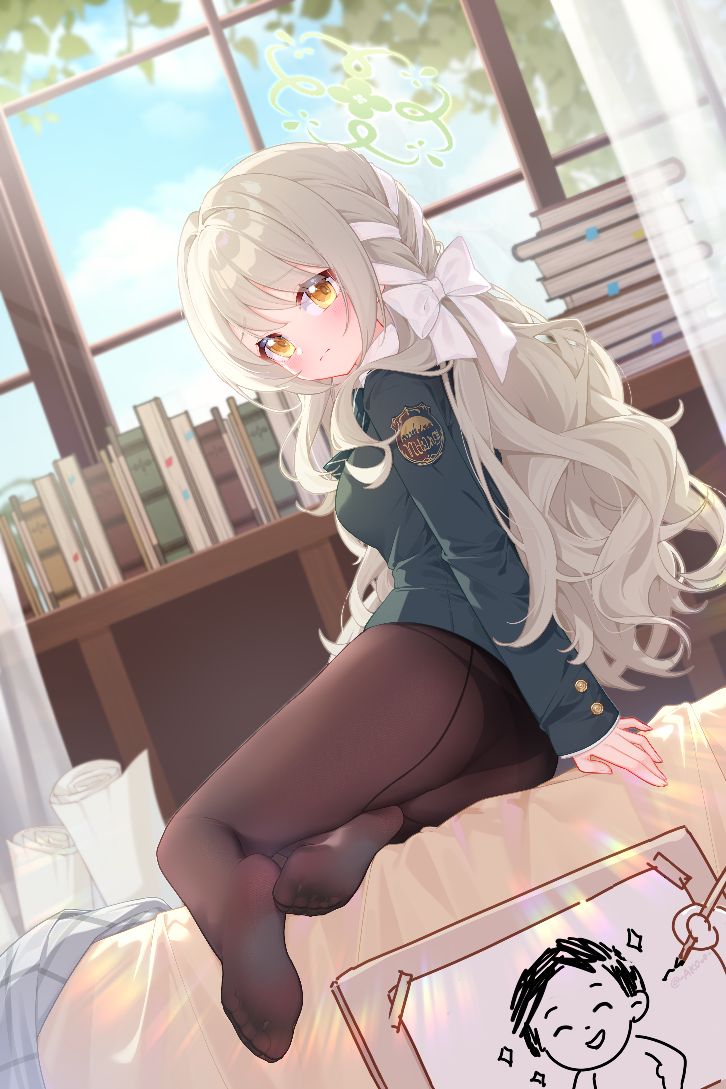akovo, doodle sensei (blue archive), miyo (blue archive), sensei (blue archive), blue archive, absurdres, commentary, highres, ass, black panties, blazer, blurry, blurry background, blush, book, book stack, bow, braid, brown pantyhose, drawing (action), drawing (object), dutch angle, green jacket, grey hair, hair bow, hair ribbon, halo, indoors, jacket, light smile, long hair, long sleeves, looking at viewer, no pants, panties, panties under pantyhose, pantyhose, pov, pov hands, ribbon, ribbon braid, soles, underwear, very long hair, white bow, white ribbon, yellow eyes