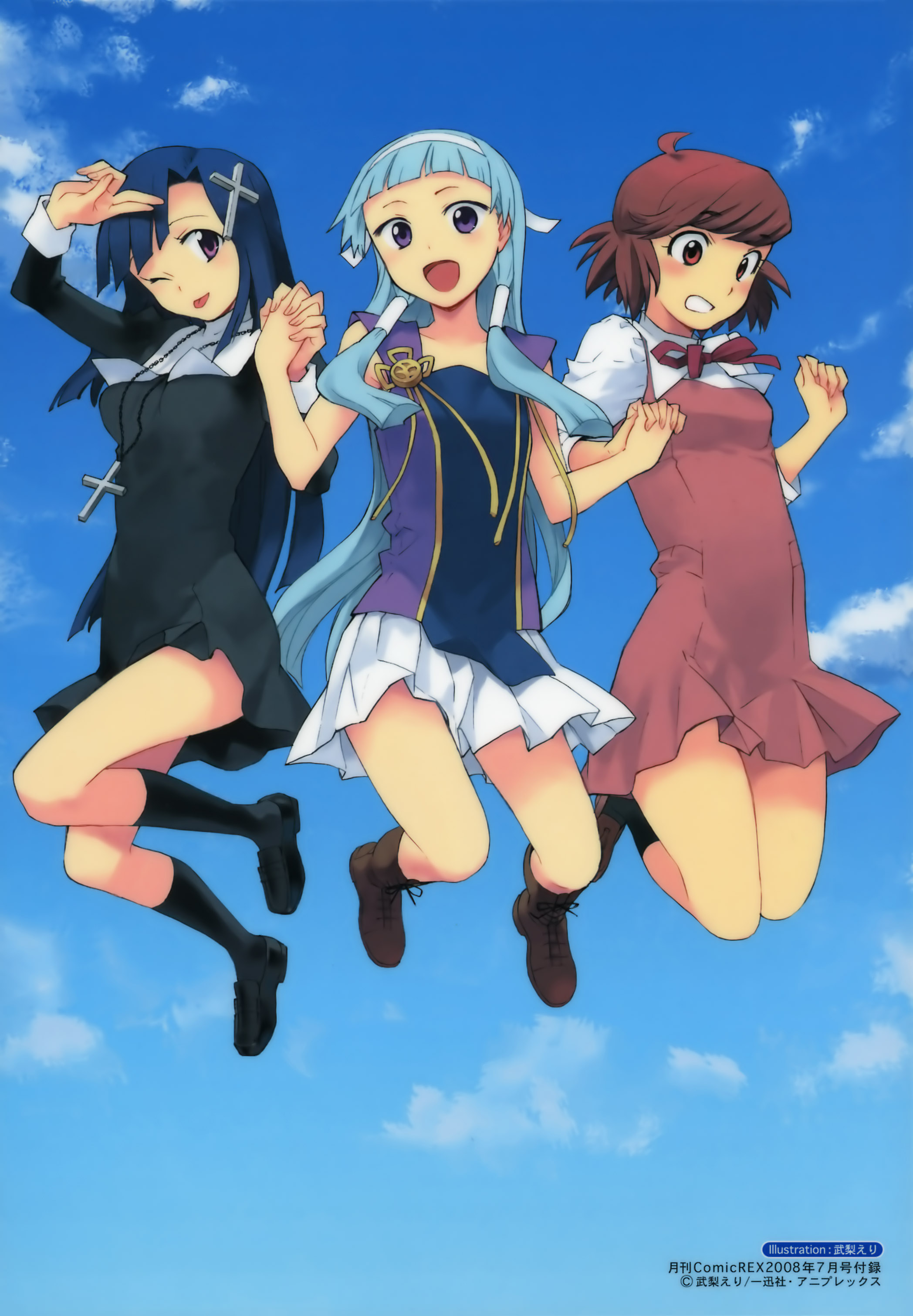 takenashi eri, aoba tsugumi, nagi, zange, kannagi, absurdres, highres, official art, 00s, 3girls, hair tubes, holding hands, jumping, multiple girls, one eye closed, siblings, sisters, wink