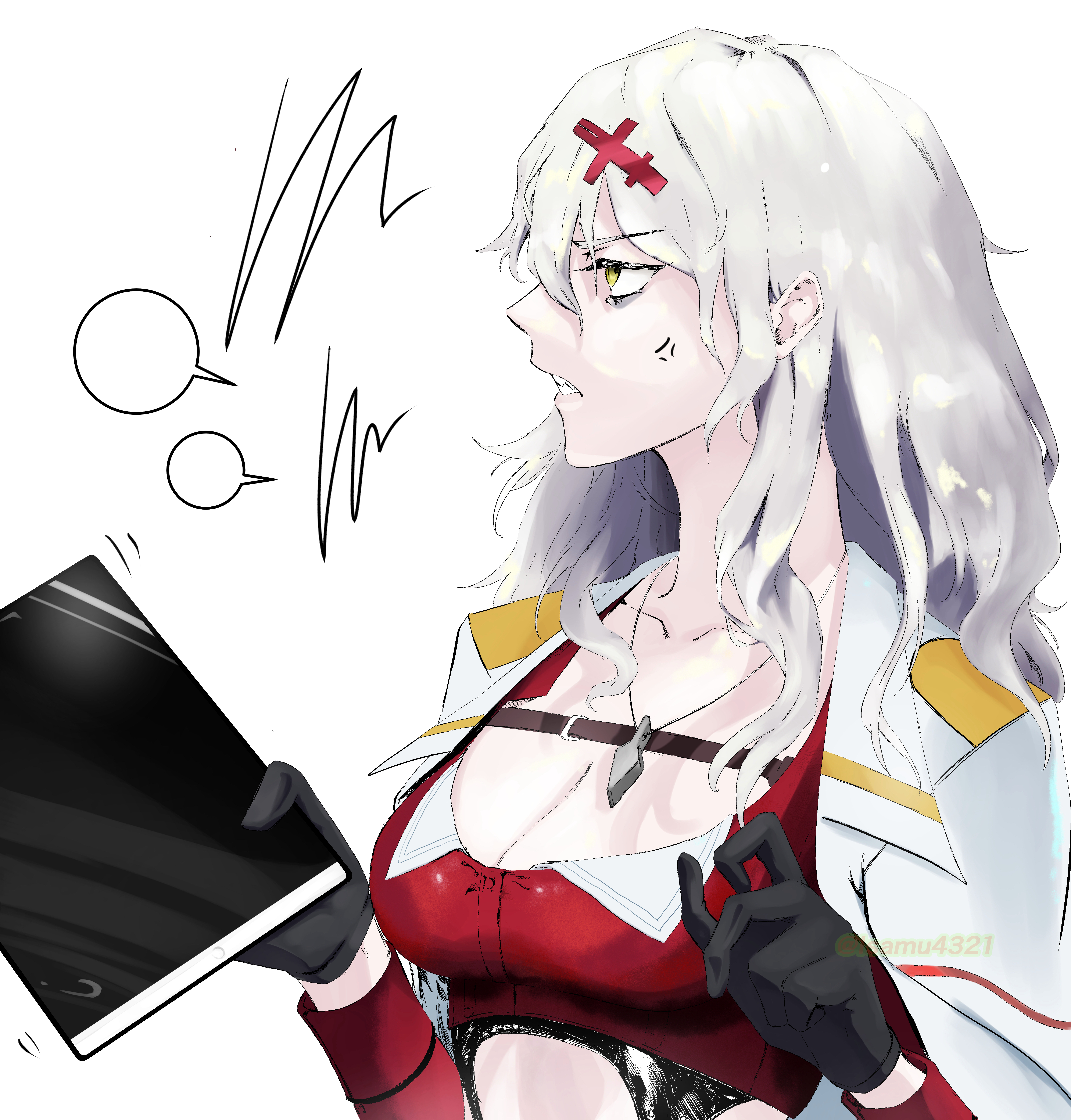 yulha (nikke), goddess of victory: nikke, absurdres, highres, 1girl, anger vein, angry, annoyed, bandeau, black gloves, breasts, chest strap, cleavage, clothing cutout, coat, coat on shoulders, cropped jacket, dog tags, gloves, grey hair, hair ornament, hairclip, holding, holding tablet pc, isamu4321, jacket, large breasts, long hair, messy hair, navel, navel cutout, red bandeau, red jacket, sharp teeth, solo, speech bubble, stomach cutout, tablet pc, teeth, upper body, white coat, yellow eyes