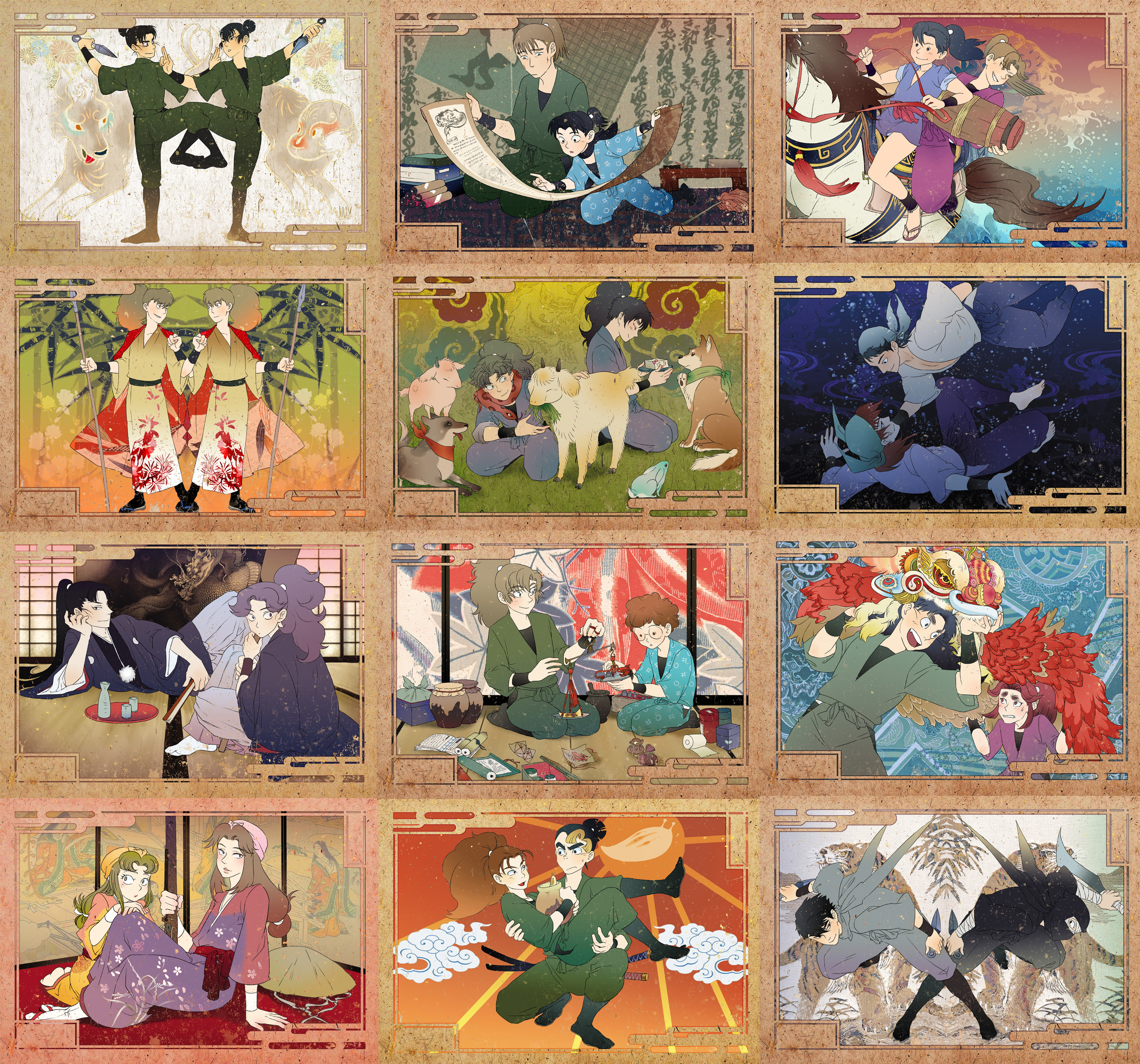 dazya (captaindazya), ayabe kihachirou, fuwa raizou, hachiya saburou, igasaki magohei, inadera rantarou, katou danzou, kema tomesaburou, kukuchi heisuke, minamoto kingo, miyoshimaru, nakazaike chouji, nanamatsu koheita, settsuno kirimaru, shige (nintama), shioe monjirou, tachibana senzou, tairano takiyashamaru, tamura mikiemon, yamamura kisanta, zatto konnamon, zenpouji isaku, rakudai ninja rantarou, absurdres, bad id, bad pixiv id, highres, 6+boys, animal, art nouveau, collage, fine art parody, japanese clothes, kirimaru, kunai, male focus, multiple boys, nihonga, ninja, parody, scroll, sword, ukiyo-e, weapon