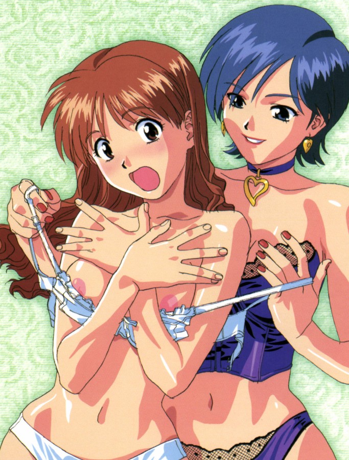 katsura ken'ichirou, asuka (viper), miki (viper), viper (series), viper ctr, 2girls, blue hair, breasts, brown hair, large breasts, lingerie, multiple girls, underwear
