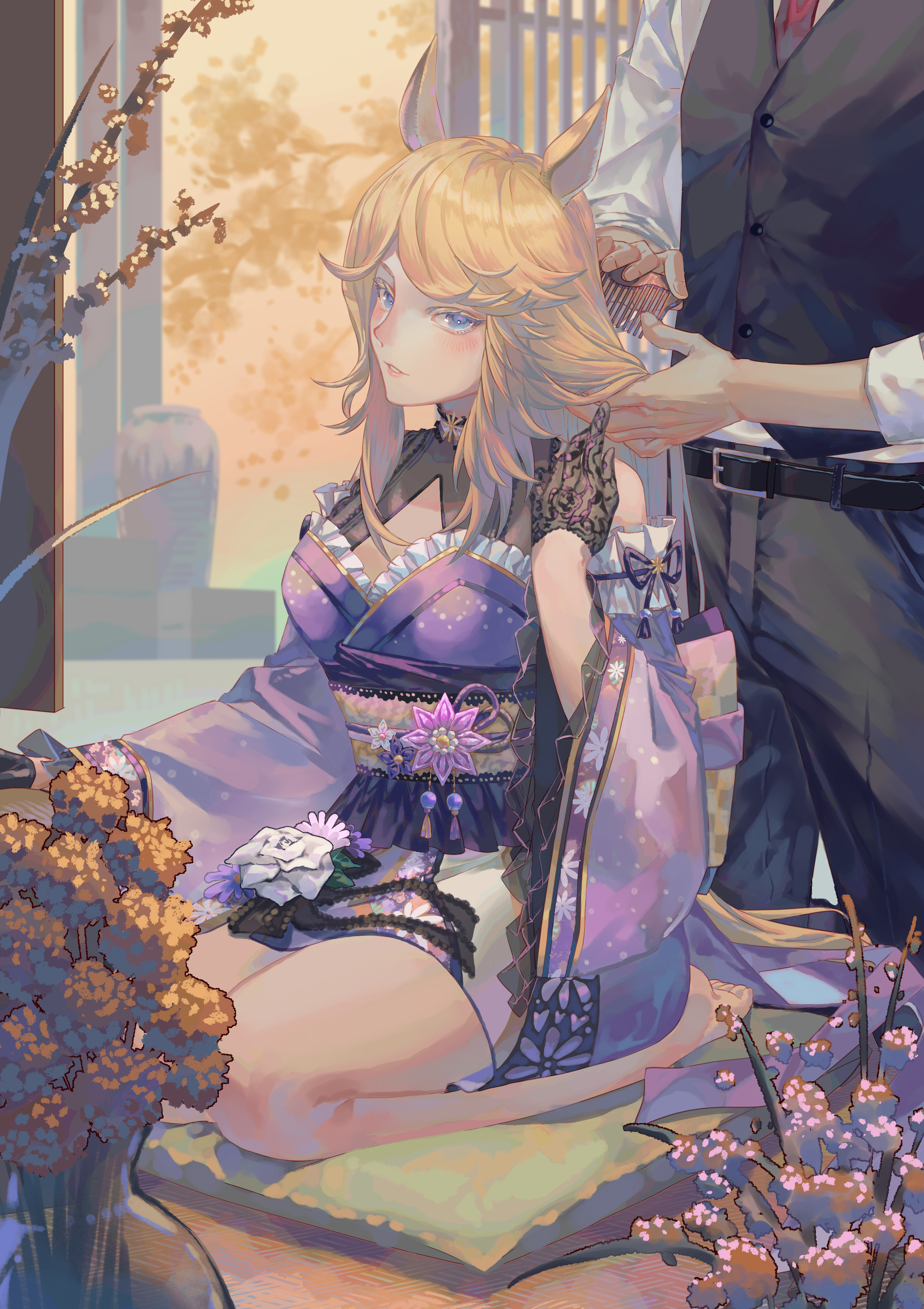 hasegawamorito, gold city (akizakura danzatrice) (umamusume), gold city (umamusume), umamusume, absurdres, commentary request, highres, 1boy, 1girl, animal ears, architecture, belt, black belt, black gloves, black pants, black vest, blonde hair, blue eyes, blush, brushing hair, comb, east asian architecture, floral print, flower, gloves, head out of frame, holding, holding comb, horse ears, japanese clothes, kimono, looking at viewer, necktie, pants, parted lips, purple kimono, red necktie, rose, sash, seiza, shirt, shouji, sitting, sleeves rolled up, sliding doors, tree, vase, vest, white flower, white rose, white shirt