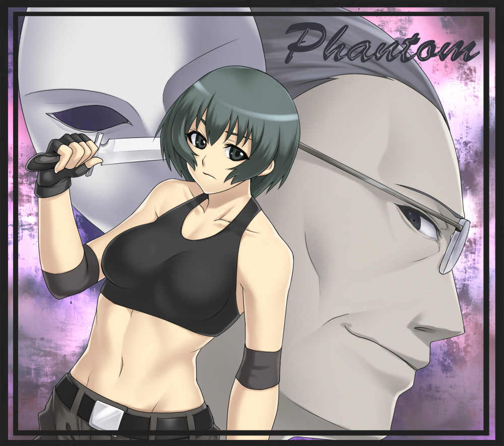 houtengeki, ein (phantom of inferno), scythe master, nitroplus, phantom of inferno, requiem for the phantom, 1boy, 1girl, black eyes, black hair, fingerless gloves, gloves, knife, mask, midriff, navel, projected inset, short hair, sports bra