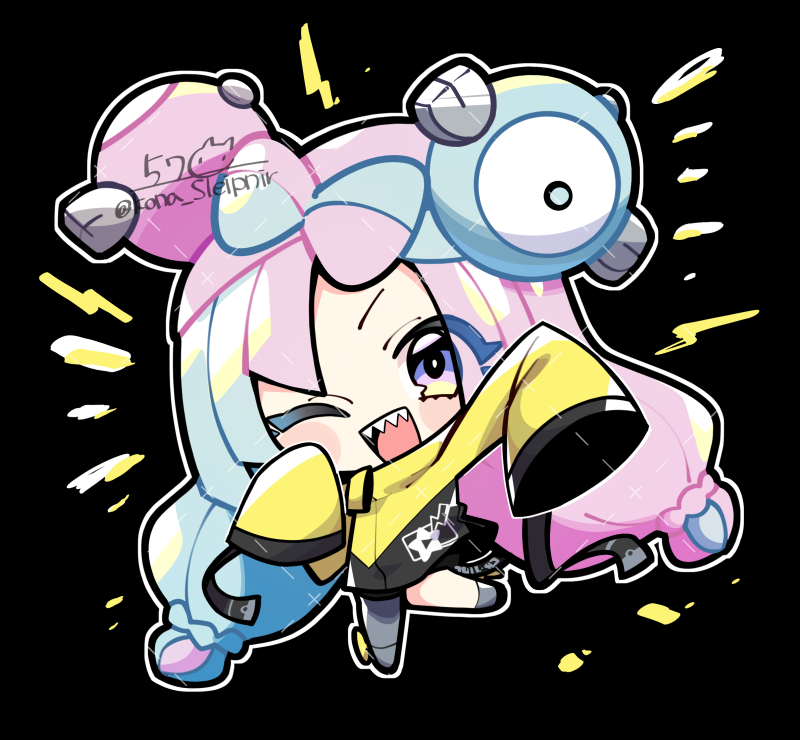 kona sleipnir, iono (pokemon), nintendo, pokemon, pokemon sv, ;d, black background, blue hair, bow-shaped hair, character hair ornament, chibi, chibi only, full body, grey pantyhose, hair ornament, jacket, long hair, long sleeves, looking at viewer, one eye closed, open mouth, pantyhose, pink hair, sharp teeth, single leg pantyhose, sleeves past wrists, smile, standing, standing on one leg, teeth, twintails, twitter username, upper teeth only, very long hair, wide sleeves, yellow jacket