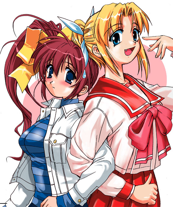 miyauchi lemmy, takase mizuki, comic party, to heart, to heart (series), 00s, 2girls, bow, crossover, multiple girls, school uniform, serafuku, sweatdrop, yellow bow