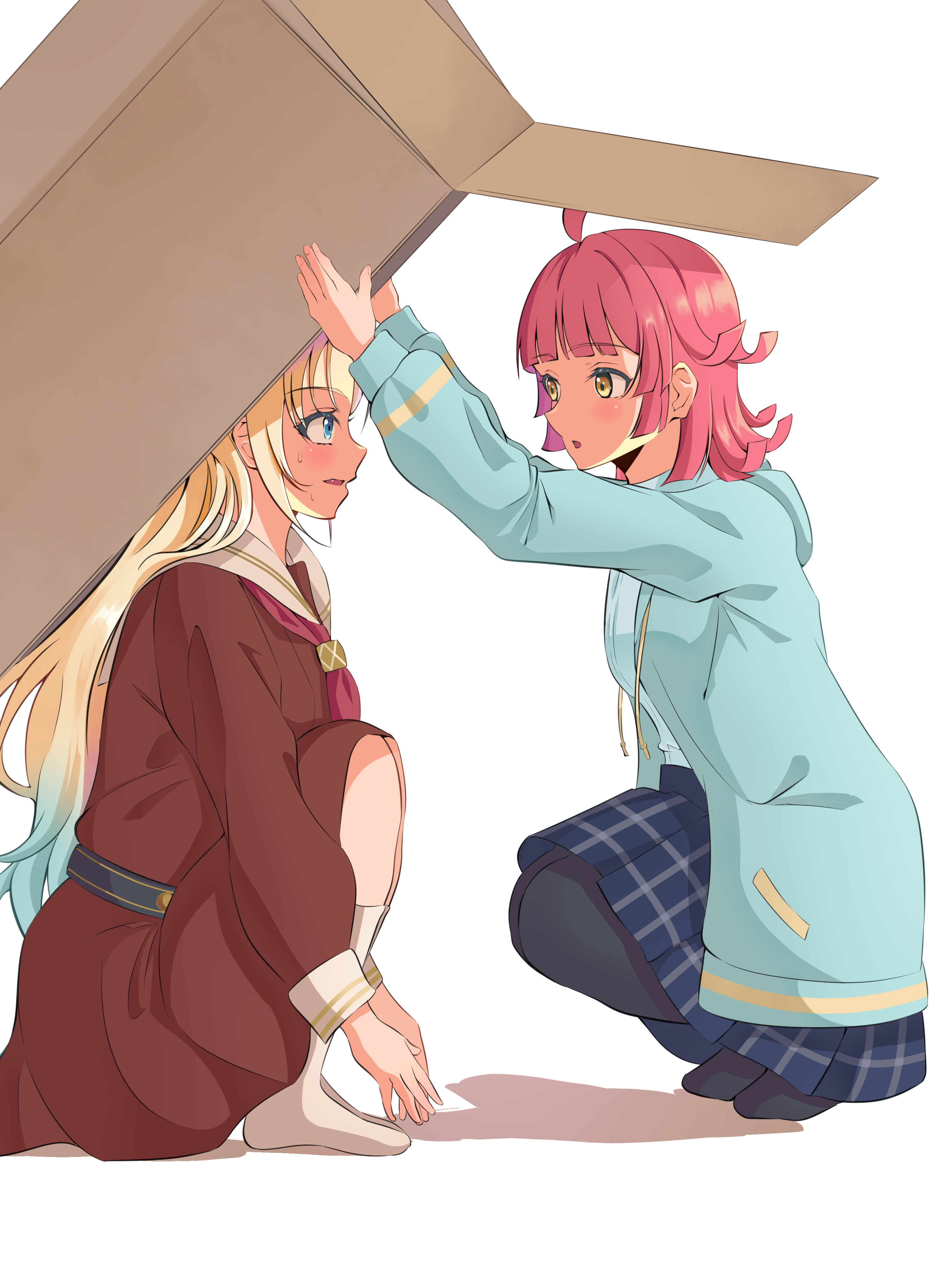 zaurusu dan, osawa rurino, tennoji rina, link! like! love live!, love live!, love live! nijigasaki high school idol club, absurdres, commentary request, highres, partial commentary, 2girls, ahoge, black pantyhose, blonde hair, blue hair, blue jacket, blue skirt, blunt bangs, box, brown dress, dress, eye contact, full body, gradient hair, hasu no sora school uniform, holding, holding box, hood, hood down, in-franchise crossover, jacket, kishimen hair, knees up, long hair, long sleeves, looking at another, medium dress, medium skirt, multicolored hair, multiple girls, neckerchief, nijigasaki school uniform, no shoes, open box, open clothes, open jacket, pantyhose, parted lips, pink hair, pleated dress, pleated skirt, profile, red neckerchief, sailor collar, sailor dress, school uniform, simple background, sitting, skirt, socks, squatting, summer uniform, sweatdrop, very long hair, virtual youtuber, white background, white sailor collar, white socks, winter uniform, yellow eyes