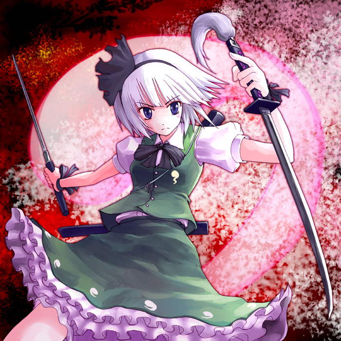 inte, konpaku youmu, konpaku youmu (ghost), touhou, silver hair, 1girl, blue eyes, dual wielding, female focus, ghost, hairband, hitodama, holding, katana, short hair, solo, sword, weapon
