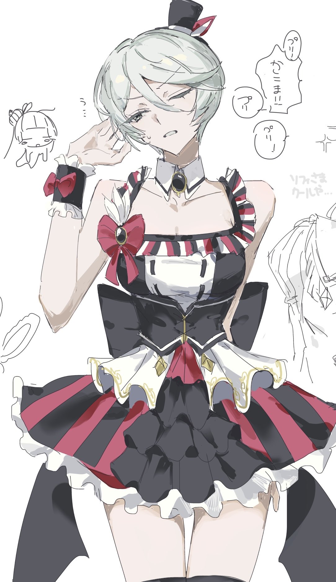 hojo sophy, shikyoin hibiki, pretty series, pripara, commentary request, highres, translation request, 1girl, annoyed, bare shoulders, black dress, breasts, cleavage, cosplay, cowboy shot, detached collar, doodle inset, dress, frilled dress, frills, grey hair, hair between eyes, hand up, hat, hojo sophy (cosplay), looking to the side, medium breasts, mini hat, mini top hat, one eye closed, poteto (mochimochinc), short dress, short hair, solo, speech bubble, standing, thighhighs, top hat, white background, wrist cuffs