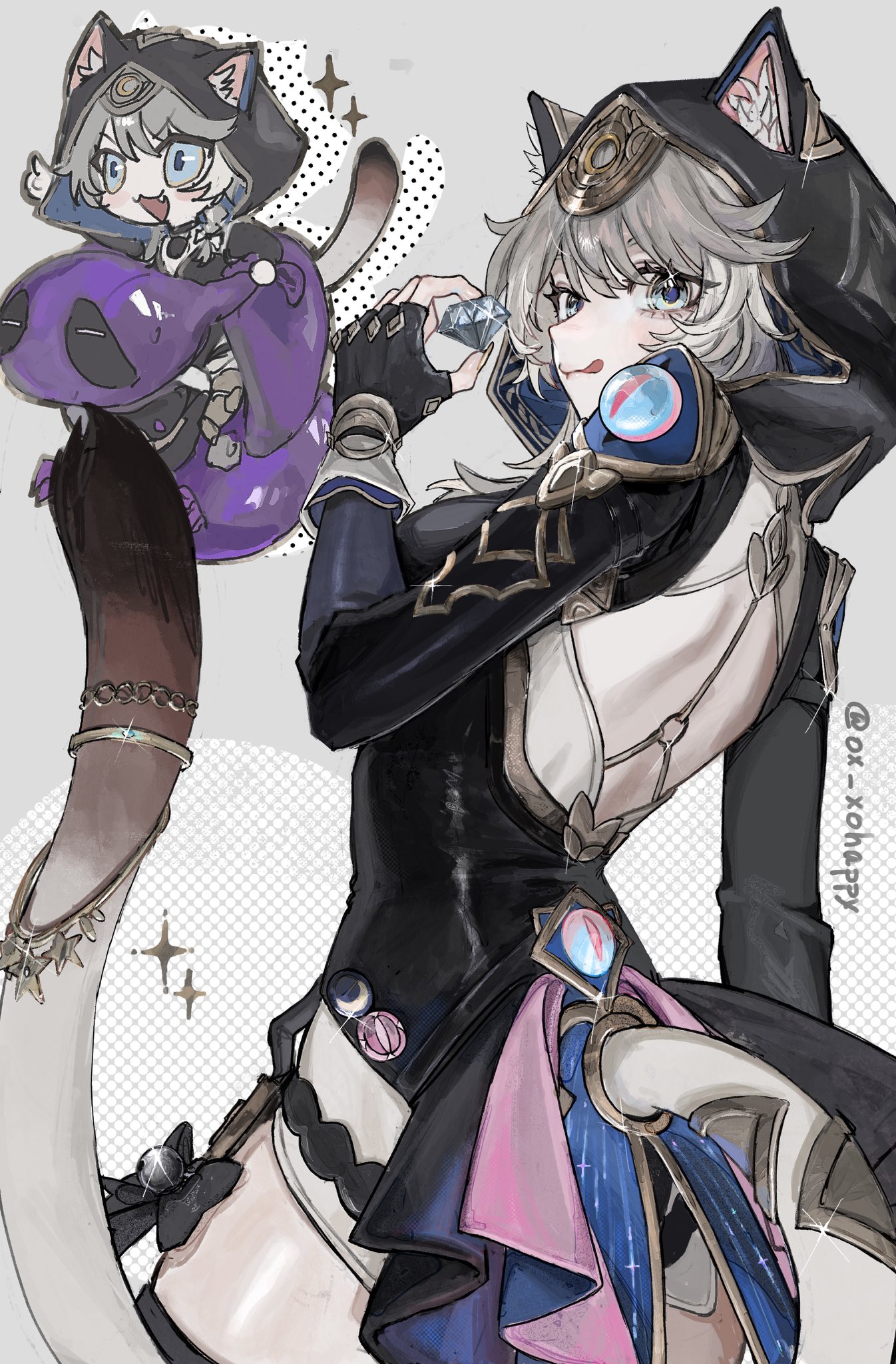 ox xohappy, cipher (honkai: star rail), spirithief bartholos (honkai: star rail), honkai: star rail, honkai (series), commentary, commentary request, highres, 1girl, animal ear fluff, animal ears, animal hood, bell, blue eyes, bow, cat ears, cat girl, cat hood, cat tail, charm (object), clothing cutout, colored skin, diamond (gemstone), fingerless gloves, gloves, grey hair, hood, jewelry, layered clothes, leotard, purple skin, sparkle, tail, tongue, tongue out