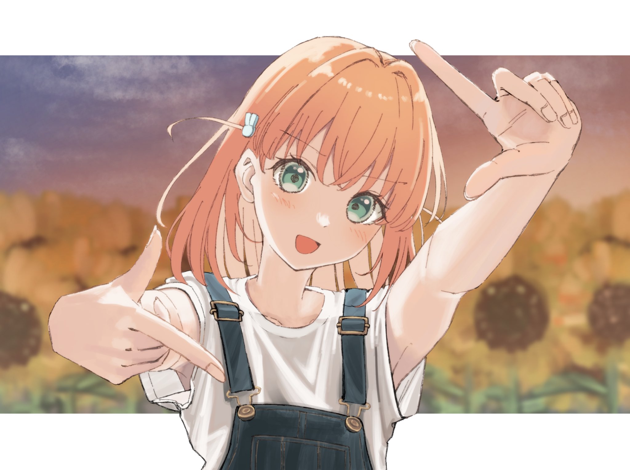 hinoshita kaho, link! like! love live!, love live!, commentary request, highres, 1girl, :d, alternate costume, armpit peek, black overalls, collarbone, field, finger frame, flower, flower field, hair intakes, hair ornament, hino (hinonoq), looking at viewer, medium hair, open mouth, orange hair, overalls, rabbit hair ornament, shirt, short sleeves, smile, solo, sunflower, sunflower field, two side up, upper body, virtual youtuber, white shirt, yellow flower