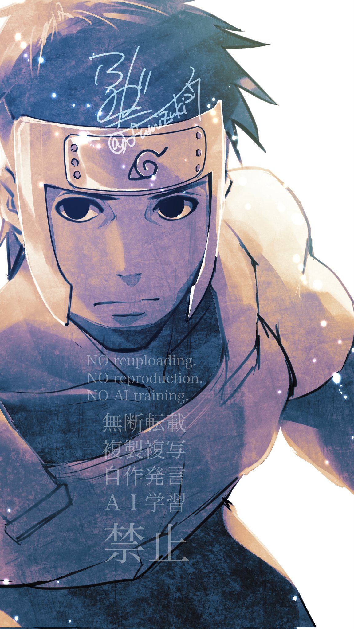 yamato (naruto), naruto (series), naruto shippuuden, highres, 1boy, black eyes, closed mouth, expressionless, forehead protector, fumizuki27, konohagakure symbol, looking at viewer, male focus, short hair, signature, solo, twitter username, white background
