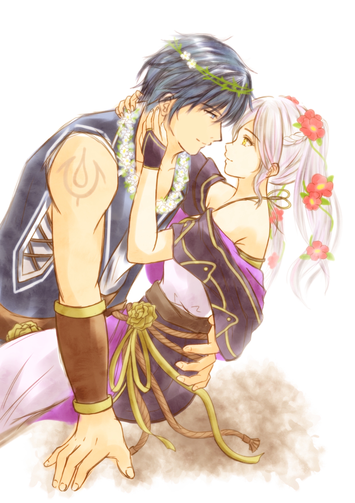 moverabbit0305, chrom (fire emblem), female robin (fire emblem), female robin (valentine) (fire emblem), fire emblem, fire emblem awakening, fire emblem heroes, intelligent systems, highres, 1boy, 1girl, arm guards, armpit crease, bare shoulders, belted dress, breasts, capelet, cleavage, couple, dress, eye contact, eyelashes, fingerless gloves, flower, from side, gloves, hair flower, hair ornament, hands on another's face, imminent kiss, leaning on person, long dress, long hair, looking at another, medium breasts, mermaid dress, muscular arms, neck, off-shoulder capelet, off shoulder, official alternate costume, sidelocks, sitting, sleeveless, sleeveless dress, spaghetti strap, swept bangs, toned, toned male, twintails, white hair, yellow eyes