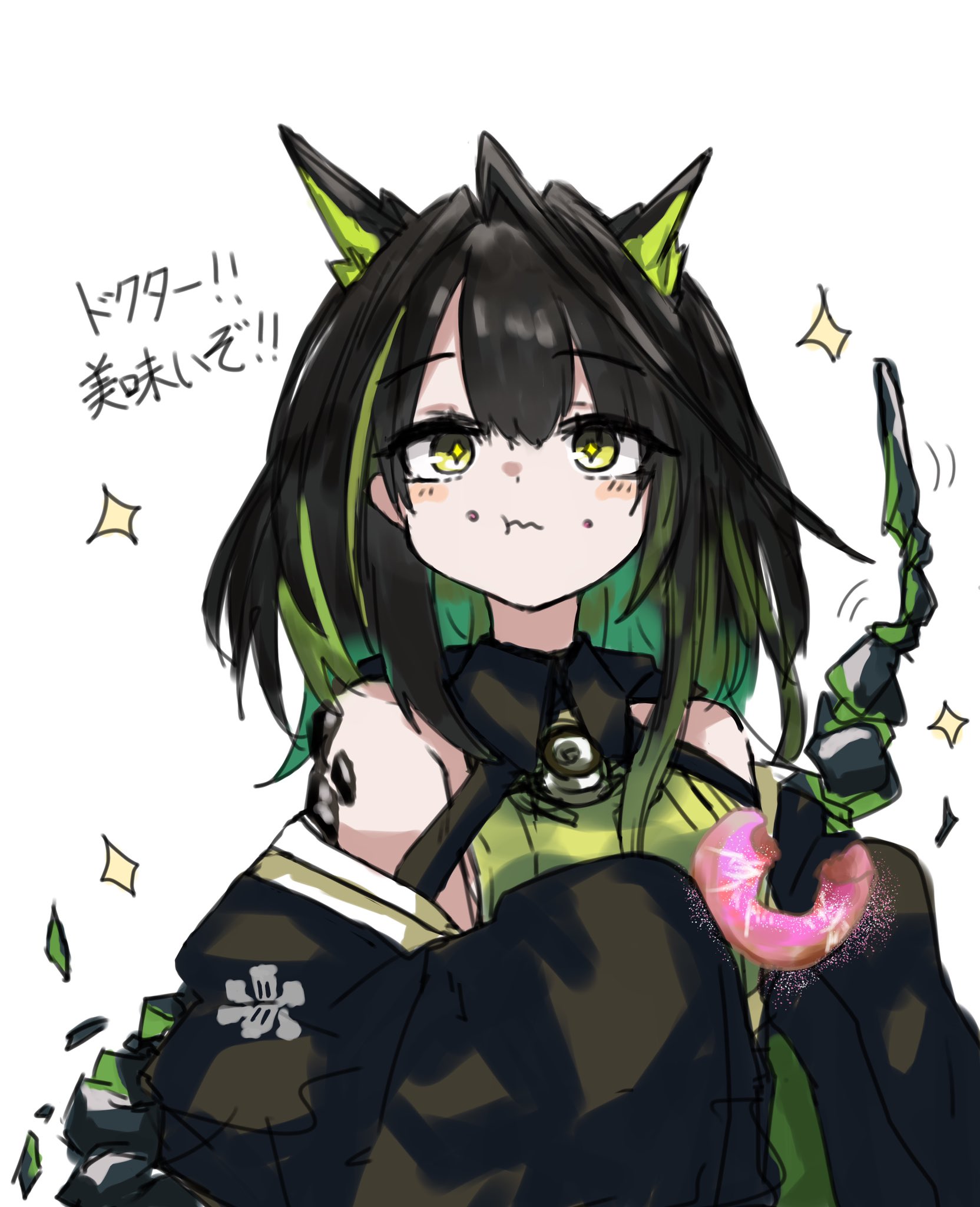 mon3tr (arknights), arknights, commentary, highres, translation request, 1girl, ahoge, bare shoulders, black hair, black jacket, chewing, closed mouth, colored inner hair, donut, eating, food, food on face, green eyes, green hair, green shirt, holding, holding donut, holding food, huge ahoge, jacket, material growth, medium hair, multicolored hair, nero san1177, off shoulder, oripathy lesion (arknights), shirt, simple background, sleeveless, sleeveless shirt, sleeves past fingers, sleeves past wrists, solo, sparkle, star of life, upper body, white background