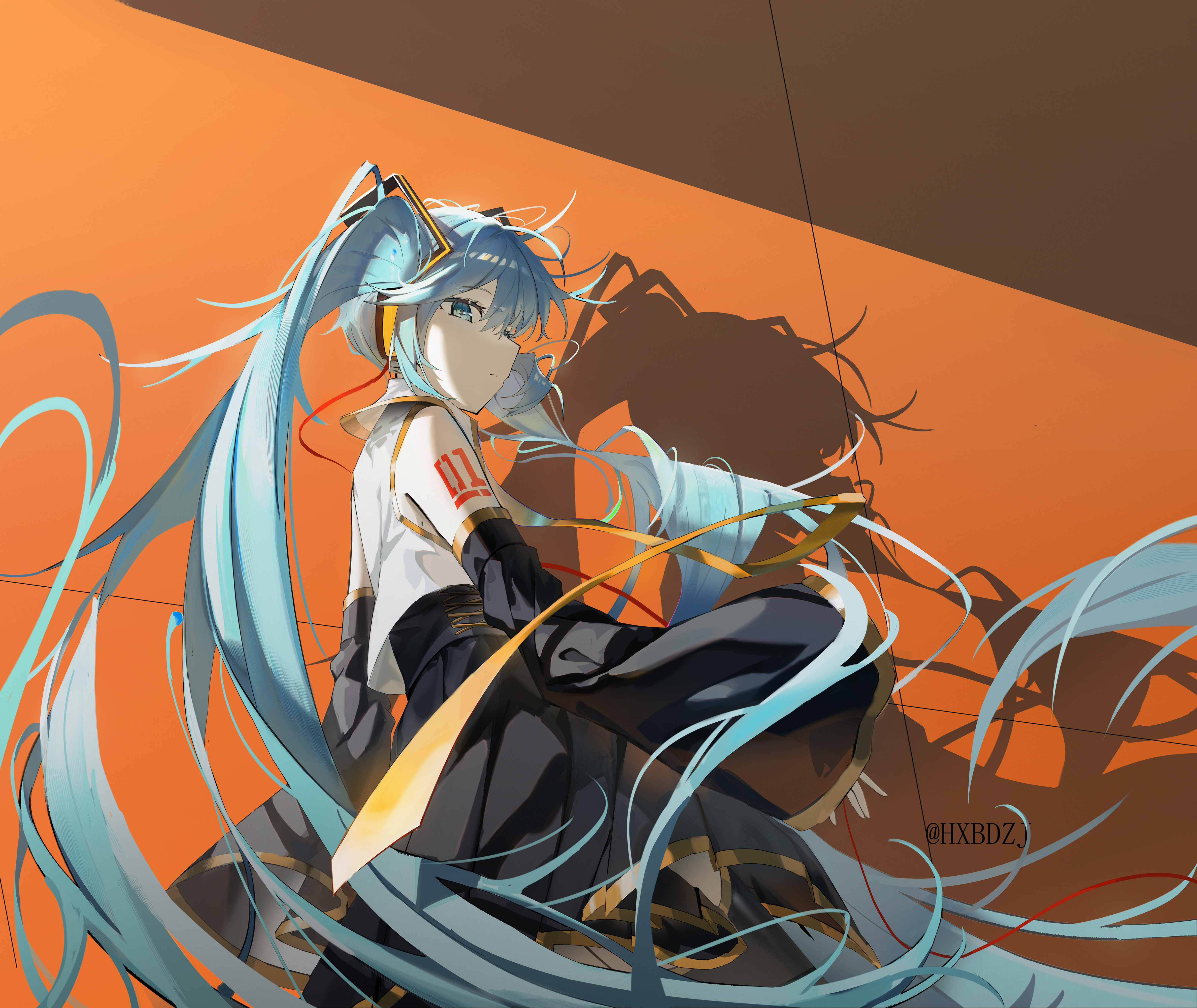 hxbdzj, hatsune miku, vocaloid, absurdres, highres, 1girl, bare shoulders, black skirt, black sleeves, blue eyes, blue hair, closed mouth, detached sleeves, headphones, long hair, looking at viewer, number tattoo, pleated skirt, shirt, shoulder tattoo, skirt, sleeves past wrists, solo, tattoo, twintails, very long hair, white shirt