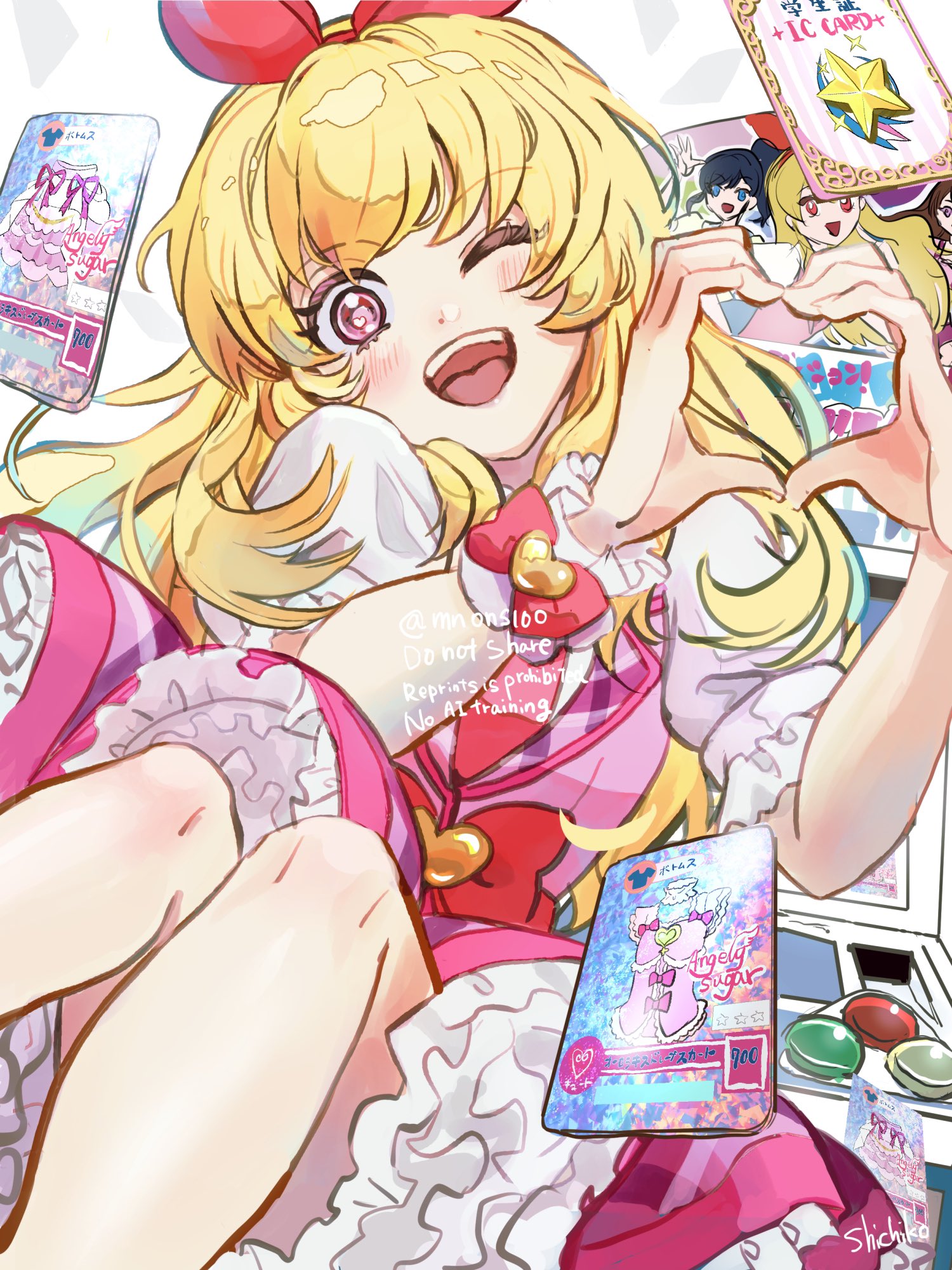 shichiko (kerori), hoshimiya ichigo, kiriya aoi, shibuki ran, aikatsu!, aikatsu! (series), commentary request, highres, 1girl, ;d, arcade cabinet, blonde hair, bow, bow hairband, card, collared shirt, hair bow, hairband, hands up, heart, heart hands, idol clothes, jacket, knees up, long hair, looking at viewer, one eye closed, open mouth, petticoat, pink jacket, pink skirt, red bow, red eyes, red hairband, shirt, skirt, smile, solo, white shirt