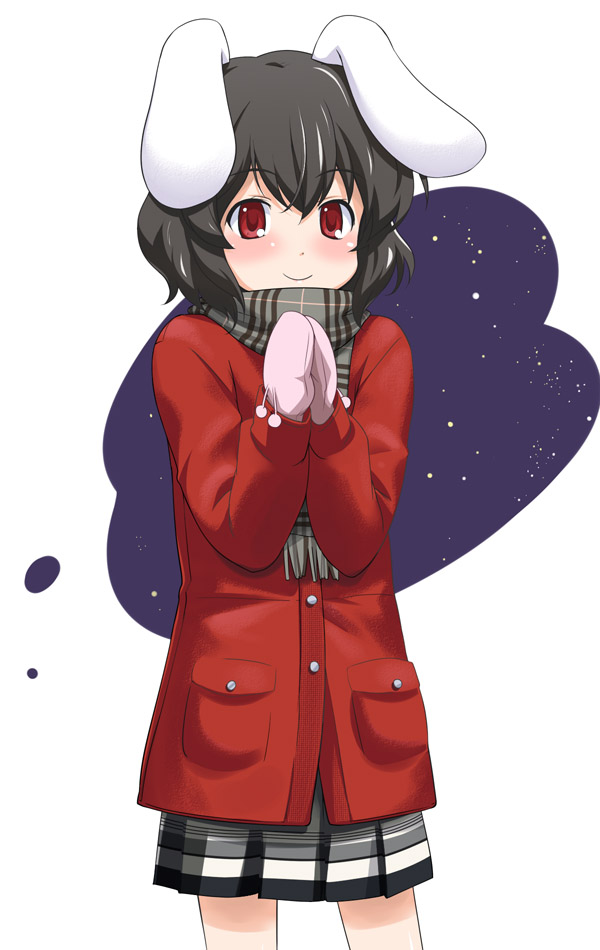 chiyomi, inaba tewi, touhou, 1girl, animal ears, black hair, blush, coat, contemporary, female focus, mittens, rabbit ears, red eyes, scarf, short hair, simple background, smile, solo, winter clothes, winter coat