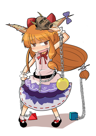 chiyomi, ibuki suika, touhou, 1girl, brown hair, chain, drooling, fang, female focus, horns, jitome, long hair, mask, oni mask, orange hair, ribbon, saliva, simple background, solo, white background