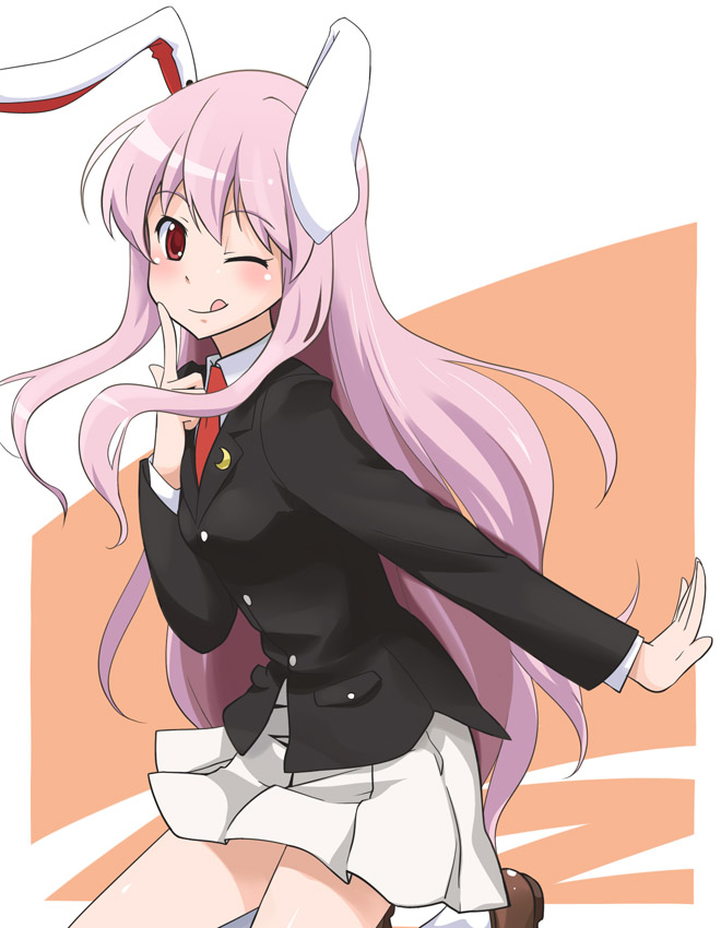 chiyomi, reisen udongein inaba, touhou, light purple hair, 1girl, :q, ;q, animal ears, blazer, female focus, jacket, long hair, looking at viewer, necktie, one eye closed, pleated skirt, purple hair, rabbit ears, red eyes, red necktie, skirt, smile, solo, tongue, tongue out, wink