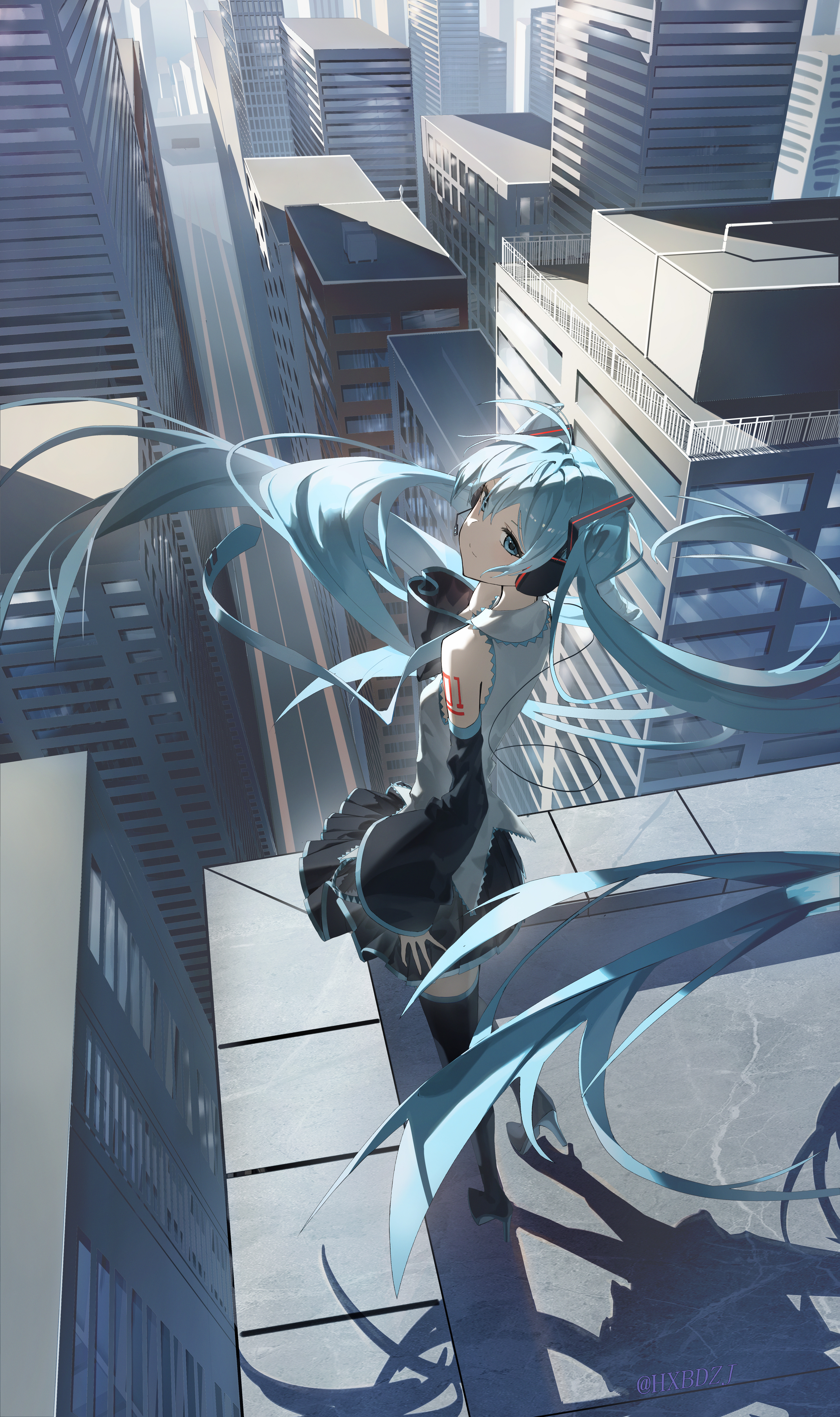 hxbdzj, hatsune miku, vocaloid, absurdres, highres, 1girl, aqua eyes, aqua hair, black skirt, city, closed mouth, detached sleeves, grey shirt, long hair, looking at viewer, shirt, skirt, sleeveless, sleeveless shirt, smile, solo, twintails, very long hair