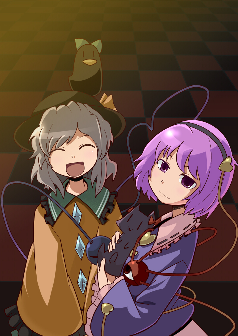 chiyomi, kaenbyou rin, kaenbyou rin (cat), komeiji koishi, komeiji satori, reiuji utsuho, reiuji utsuho (bird), touhou, silver hair, 2girls, :3, :d, ^ ^, animal, animal on head, bird, bird on head, cat, closed eyes, female focus, hairband, hat, headpat, multiple girls, on head, open mouth, purple hair, ribbon, short hair, smile