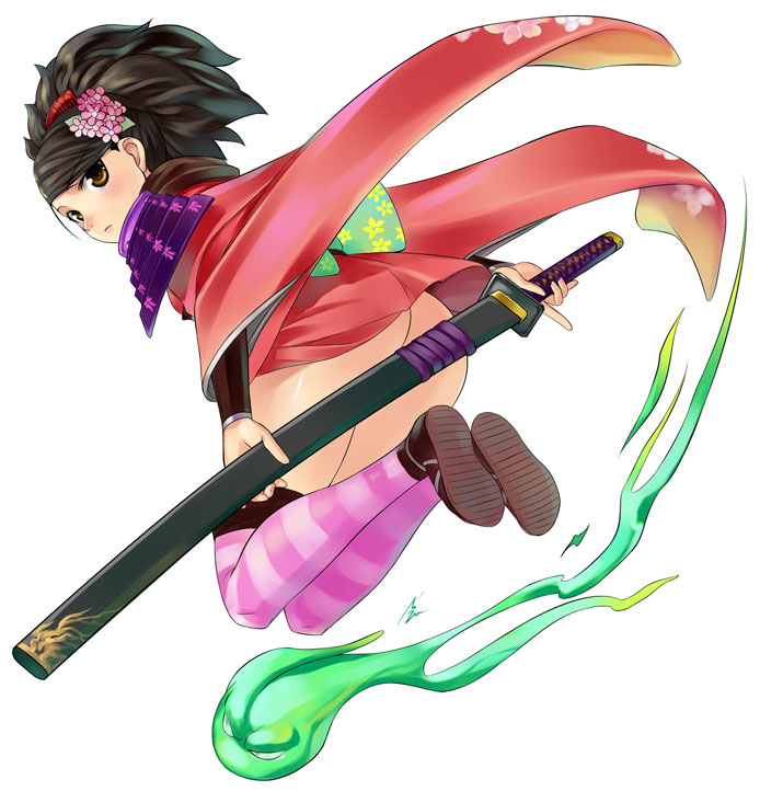 mizuki gyokuran, izuna jinkuro, jinkuro, momohime, oboro muramasa, 1girl, ass, black hair, brown eyes, censored, convenient censoring, hair ornament, hitodama, japanese clothes, katana, kimono, no panties, sheath, sheathed, short kimono, signature, simple background, striped clothes, striped thighhighs, sword, thighhighs, weapon
