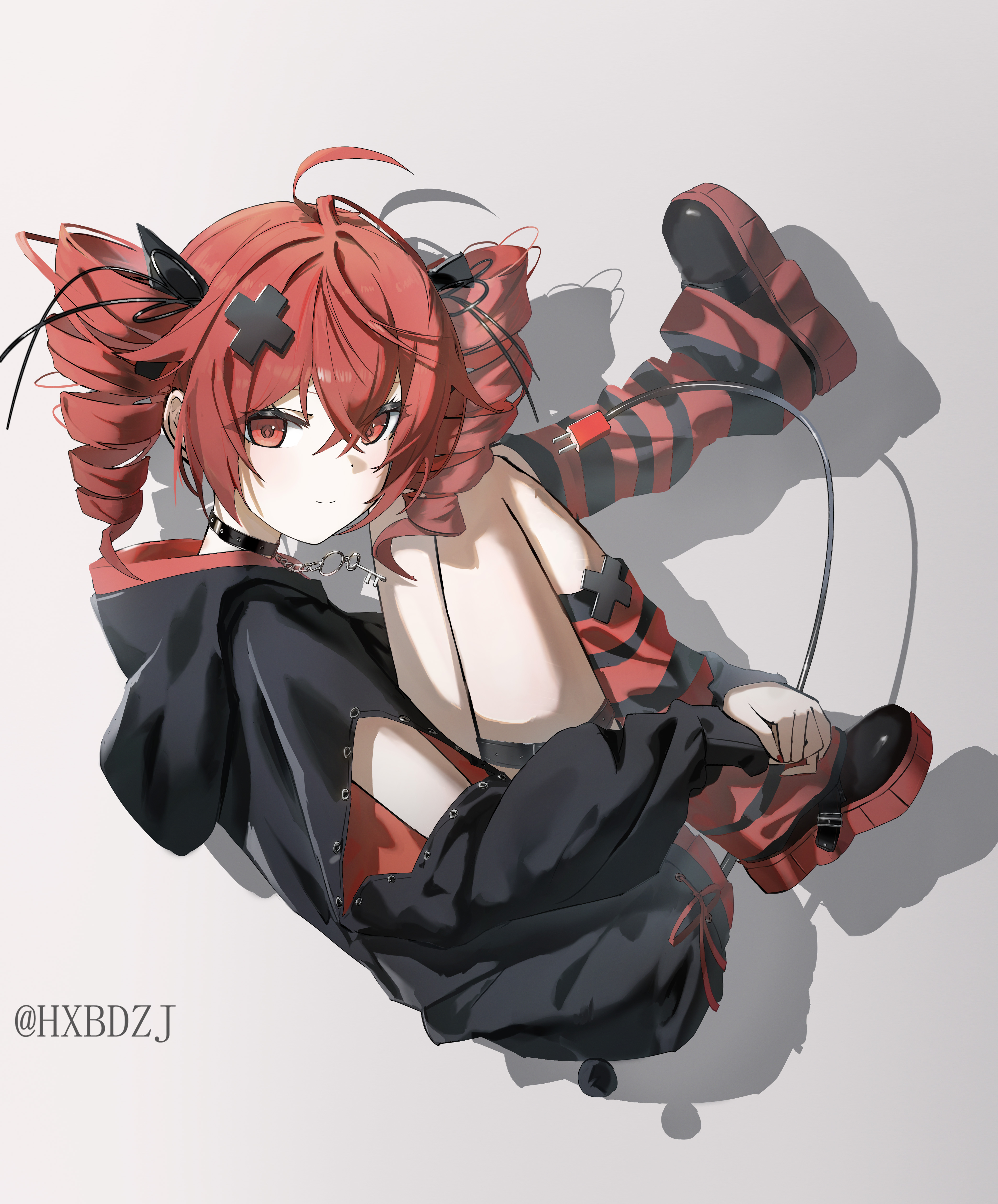 hxbdzj, kasane teto, utau, absurdres, highres, 1girl, ahoge, alternate costume, arm cutout, belt, black belt, black choker, black shoes, black socks, black sweater, choker, closed mouth, clothing cutout, drill hair, fetal position, floating, full body, grey background, hair between eyes, hair ornament, hair ribbon, key, kneehighs, leg up, long sleeves, looking at viewer, looking to the side, red eyes, red hair, red socks, ribbon, shadow, shoes, simple background, smile, socks, solo, sweater, thigh belt, thigh strap, twin drills, twitter username, white ribbon, x hair ornament