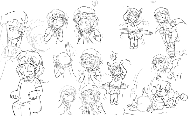 yukiman, flandre scarlet, patchouli knowledge, remilia scarlet, embodiment of scarlet devil, touhou, !, 3girls, aged down, caramelldansen, child, faceplant, falling, female focus, greyscale, hoop, hula hoop, monochrome, multiple expressions, multiple girls, sketch, tears
