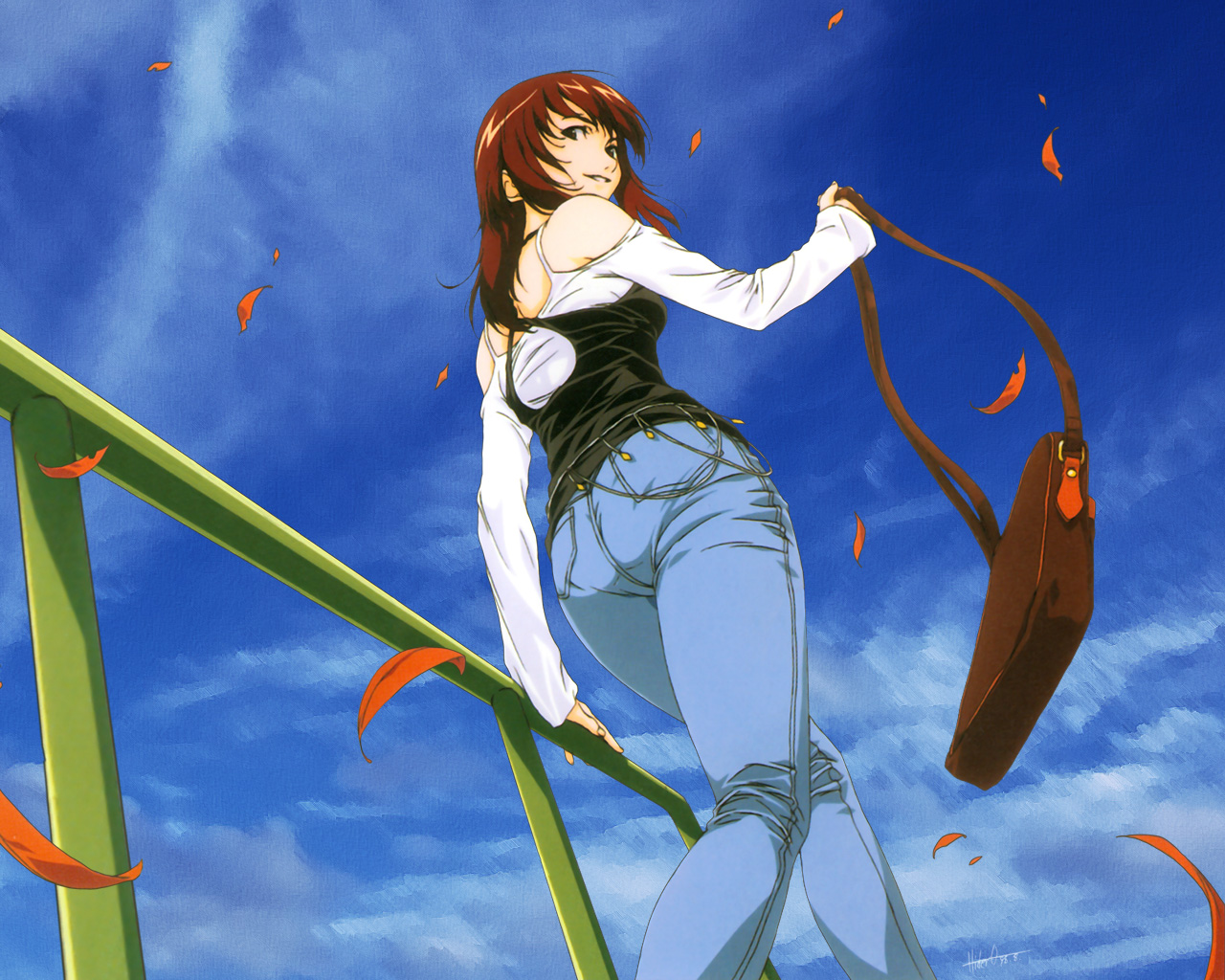 horibe hiderou, 1girl, ass, autumn leaves, back, bag, brown hair, day, denim, female focus, fence, from below, handbag, jeans, leaf, looking down, outdoors, pants, pantylines, smile, solo, wind