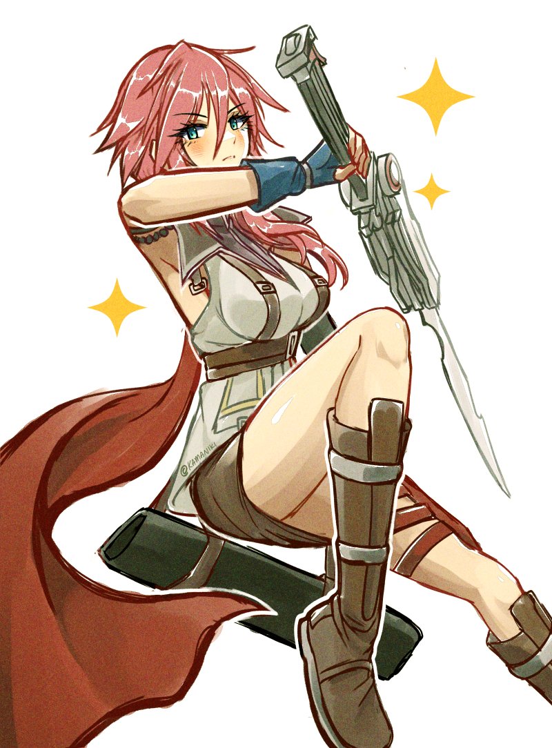 kamaniki, lightning farron, final fantasy, final fantasy xiii, 1girl, armpits, blue gloves, blush, boots, brown boots, brown skirt, cape, closed mouth, eyelashes, fingerless gloves, frown, gloves, gunblade, hair between eyes, holding, holding weapon, long hair, looking at viewer, pink hair, red cape, sheath, skirt, solo, twitter username, weapon, white background