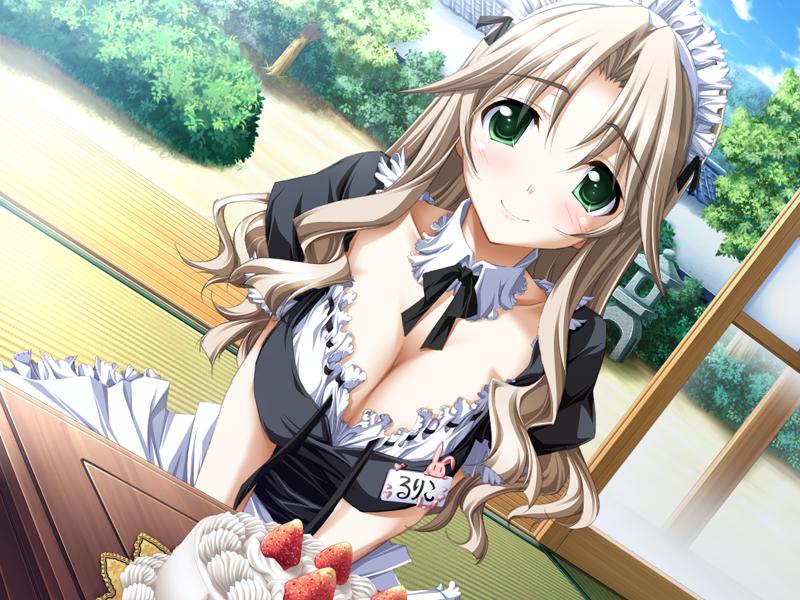 kurashima tomoyasu, yuugiri ruriko, ashita no kimi to au tame ni, game cg, jpeg artifacts, 1girl, blush, breasts, brown hair, cake, cleavage, female focus, food, green eyes, maid, maid headdress, pastry, solo
