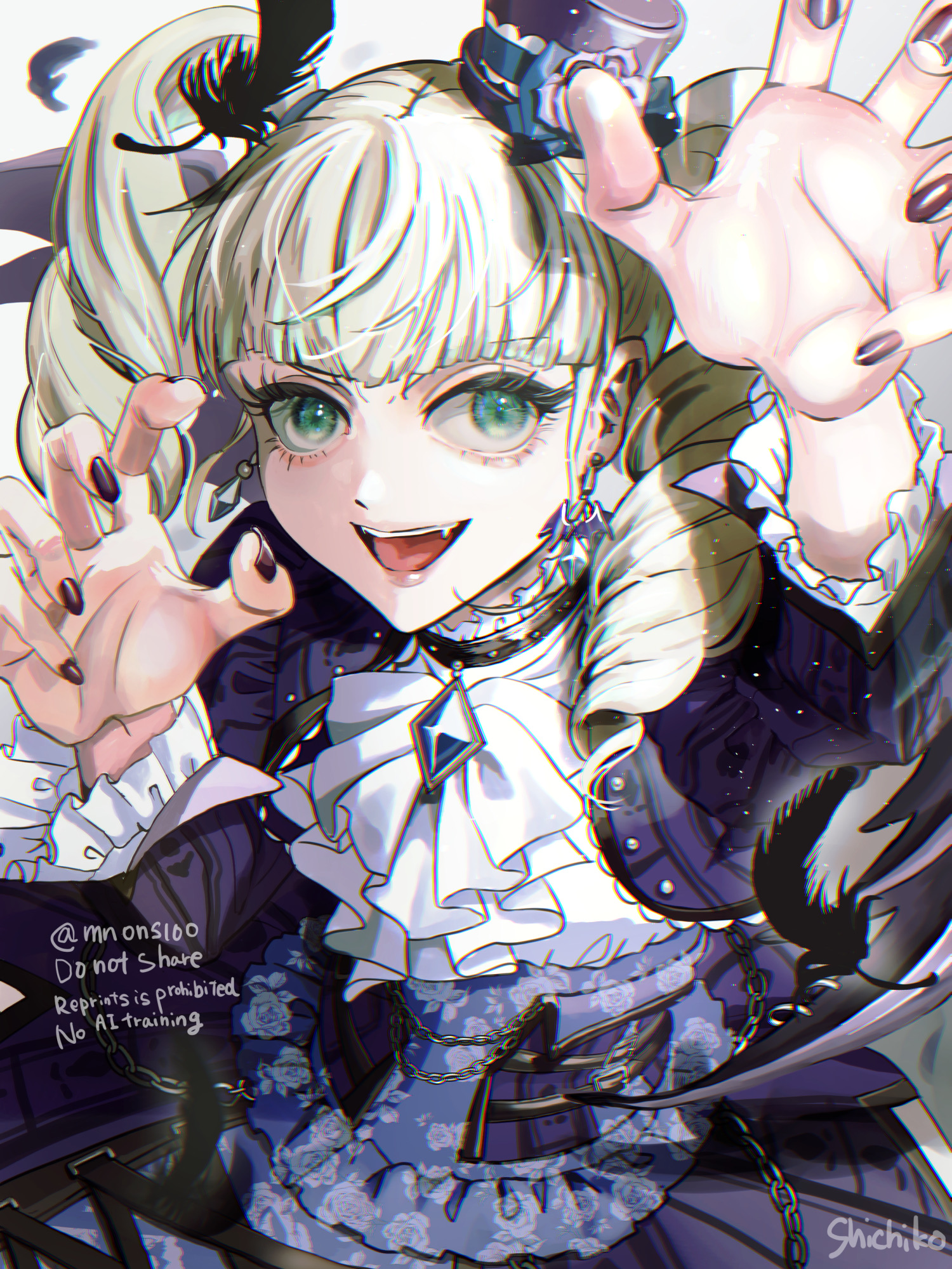 shichiko (kerori), todo yurika, aikatsu!, aikatsu! (series), highres, 1girl, ascot, black nails, blonde hair, blunt bangs, brooch, claw pose, cowboy shot, cropped jacket, drill hair, fang, feathers, frilled shirt, frills, gothic lolita, green eyes, hands up, hat, jacket, jewelry, lolita fashion, long hair, long sleeves, looking at viewer, mini hat, nail polish, open mouth, purple hat, purple jacket, purple skirt, shirt, skirt, smile, solo, twin drills, twintails, white ascot