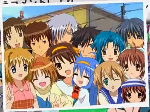 aizawa yuuichi, chidori kaname, furukawa nagisa, hidaka yumemi, izumi konata, kamio misuzu, kunisaki yukito, kyon, munto, okazaki tomoya, okazaki ushio, sagara sousuke, suzumiya haruhi, tsukimiya ayu, air (visual novel), clannad, full metal panic!, kanon, lucky star, sora wo miageru shoujo no hitomi ni utsuru sekai, suzumiya haruhi no yuuutsu, jpeg artifacts, lowres, 00s, 5boys, 6+girls, crossover, mole, mole under eye, multiple boys, multiple girls