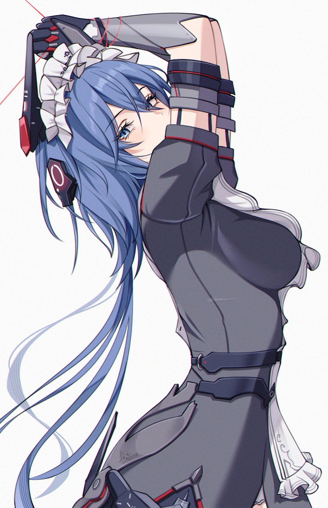 uriuritei, punishing: gray raven, commentary request, highres, 1girl, apron, arms up, artist name, black dress, blue eyes, blue hair, bound, bound wrists, breasts, discord (pgr), dress, eyes visible through hair, from side, hair between eyes, hair over one eye, headgear, large breasts, long hair, looking at viewer, looking to the side, maid, maid headdress, mechanical arms, mechanical hands, simple background, solo, upper body, white background