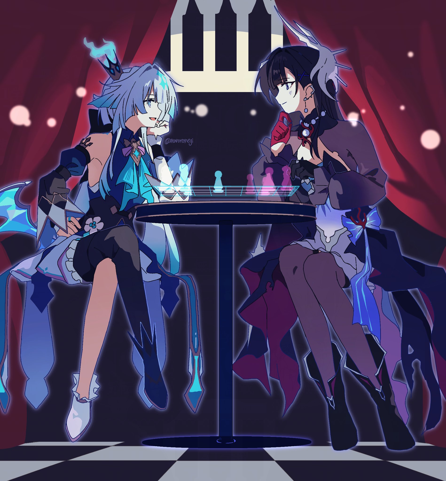 maroronegi, cerydra (honkai: star rail), hysilens (honkai: star rail), honkai: star rail, honkai (series), hashtag-only commentary, highres, 2girls, ascot, asymmetrical gloves, asymmetrical legwear, black hair, blue fire, board game, chess, crown, curtains, detached sleeves, dress, earrings, fire, gloves, hair ornament, jewelry, looking at another, low wings, mini crown, multiple girls, necklace, single earring, sitting, thighhighs, white hair, wings