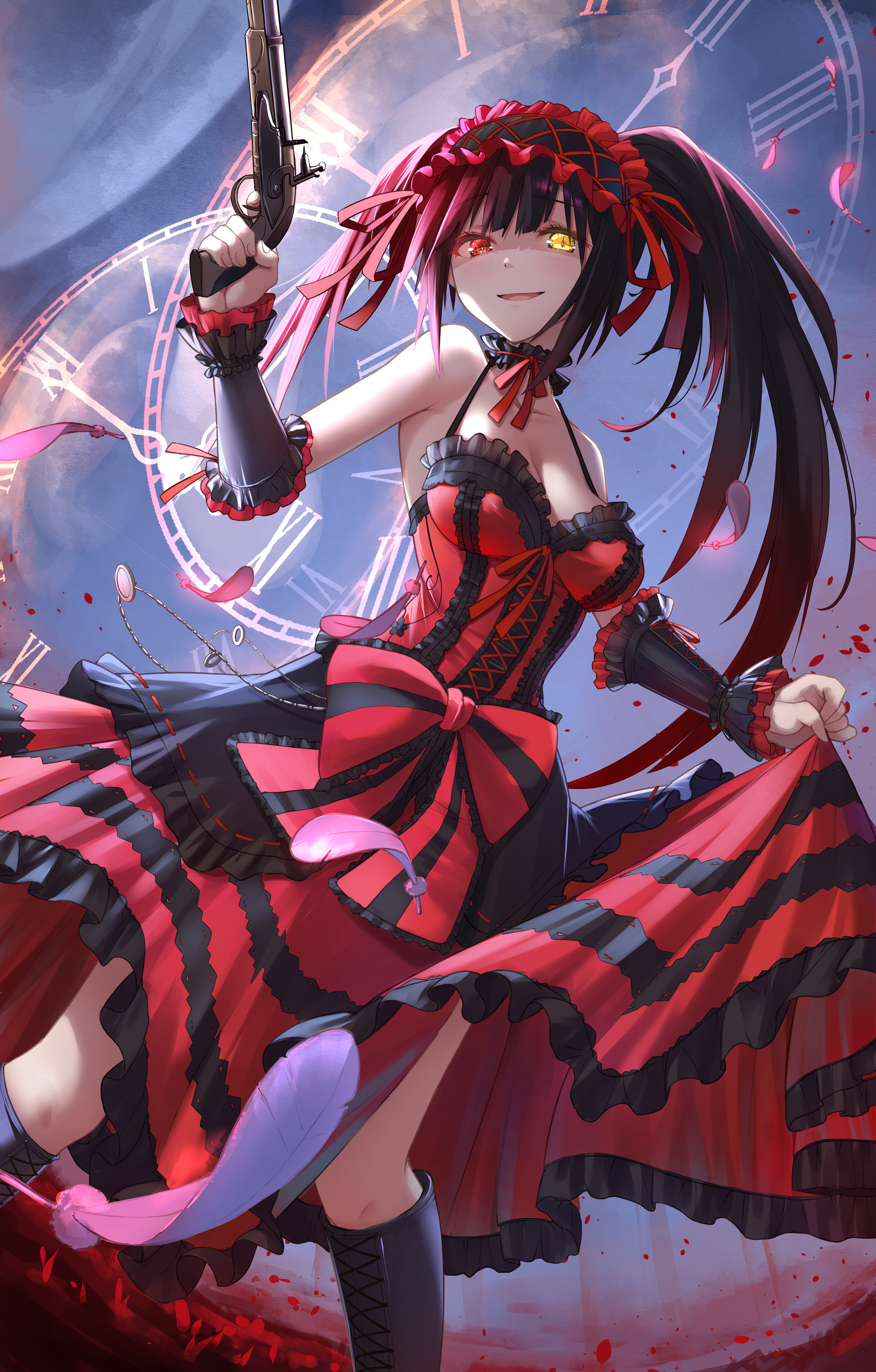 h yoruneko, tokisaki kurumi, date a live, absurdres, highres, 1girl, :d, antique firearm, asymmetrical hair, black hair, breasts, cleavage, clock, dress, falling feathers, feathers, finger on trigger, firearm, firelock, flintlock, frilled dress, frilled hairband, frills, gothic lolita, gun, hairband, heterochromia, holding, holding gun, holding weapon, lolita fashion, long hair, looking at viewer, medium breasts, night, night sky, open mouth, red dress, red eyes, roman numeral, skirt hold, sky, smile, solo, twintails, very long hair, weapon, yellow eyes