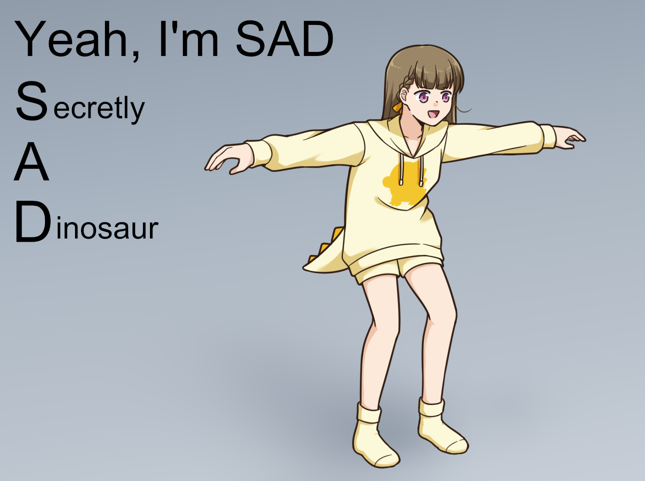 kachimachi kosuzu, kachimachi kosuzu (sega lucky lottery sleepwear), link! like! love live!, love live!, commentary request, 1girl, :d, braid, brown hair, center-flap bangs, collarbone, dinosaur tail, fake tail, full body, grey background, hood, hoodie, long sleeves, meme, meme request, official alternate costume, open mouth, outstretched arms, pink eyes, potatopenggu, shorts, side ahoge, side braids, simple background, smile, socks, solo, spread arms, standing, tail, virtual youtuber, yellow hoodie, yellow shorts, yellow socks
