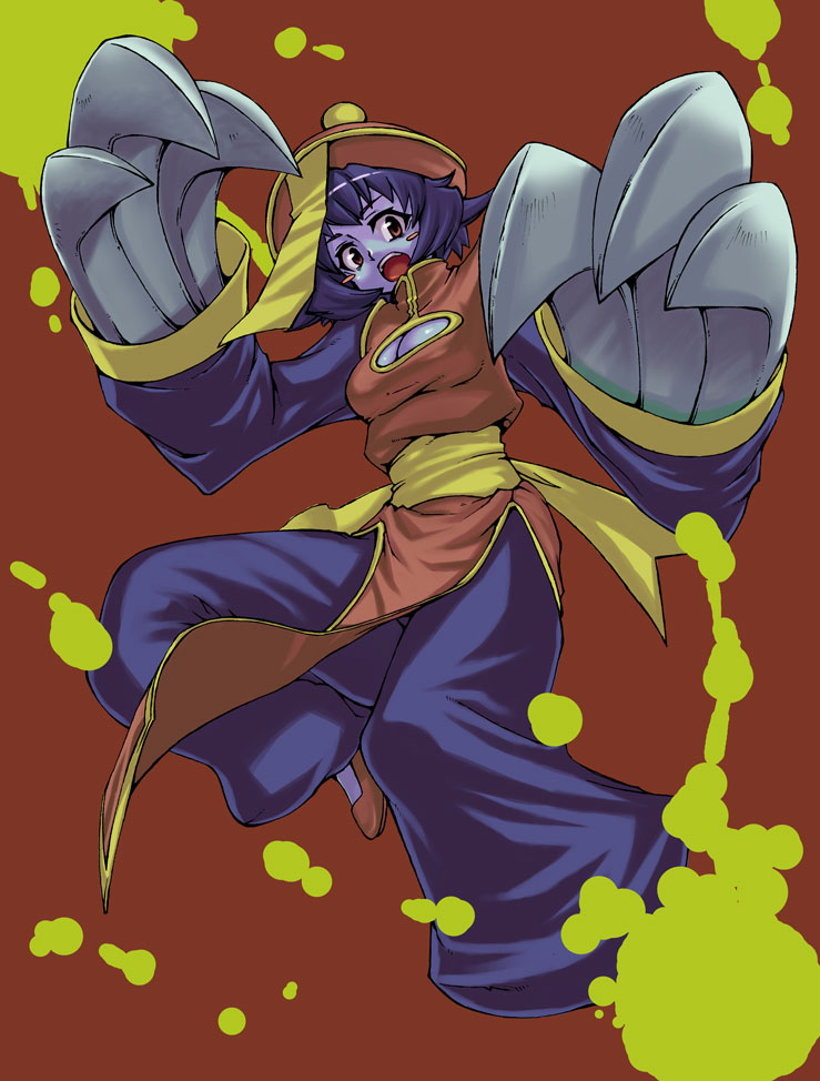 wnohito, hsien-ko, capcom, darkstalkers, 1girl, blue hair, blue skin, breasts, cleavage, cleavage cutout, clothing cutout, colored skin, demon girl, female focus, hat, jiangshi, large breasts, qingdai guanmao, short hair, solo, zombie