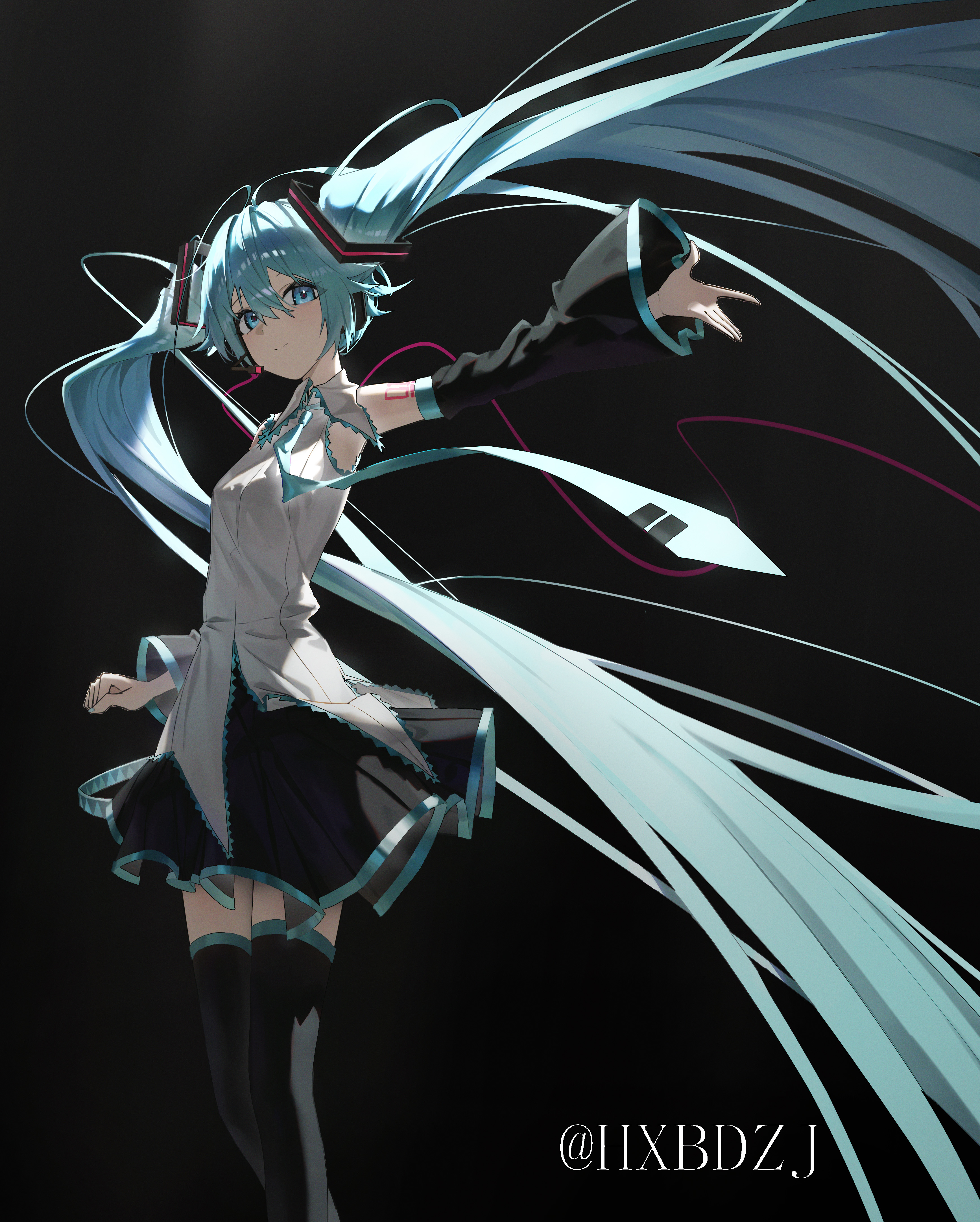 hxbdzj, hatsune miku, vocaloid, absurdres, highres, 1girl, absurdly long hair, bare shoulders, black skirt, black sleeves, black thighhighs, blue eyes, blue hair, blue necktie, closed mouth, detached sleeves, hair between eyes, long hair, looking at viewer, necktie, number tattoo, shirt, shoulder tattoo, sidelocks, skirt, smile, solo, tattoo, thighhighs, twintails, very long hair, white shirt, zettai ryouiki