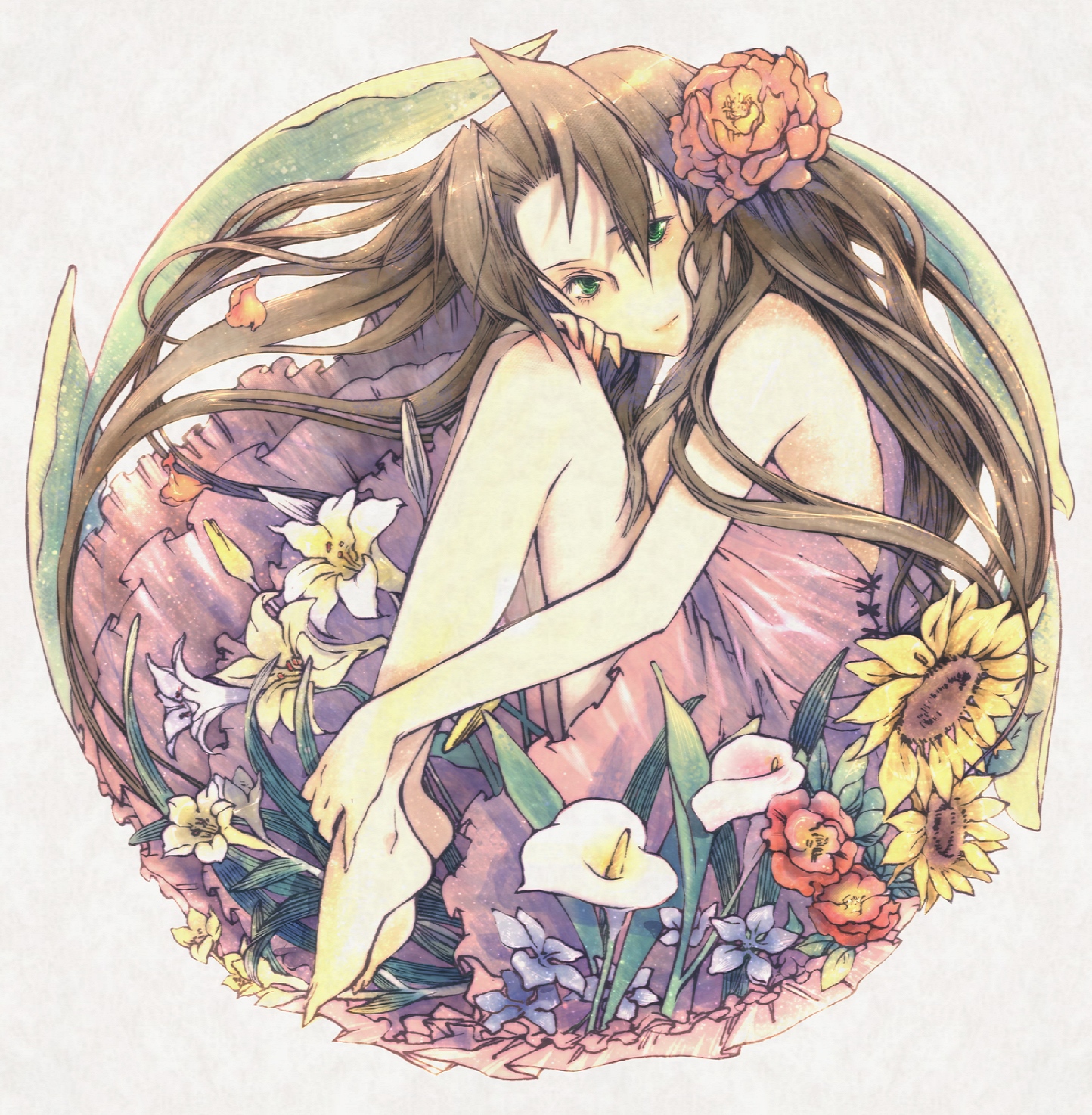 kieta, aerith gainsborough, final fantasy, final fantasy vii, highres, 1990s (style), 1girl, bare arms, barefoot, brown hair, dress, feet, female focus, flower, from side, full body, green eyes, hair flower, hair ornament, hugging own legs, lily (flower), long hair, long legs, pink dress, retro artstyle, sleeveless, sleeveless dress, solo, sunflower